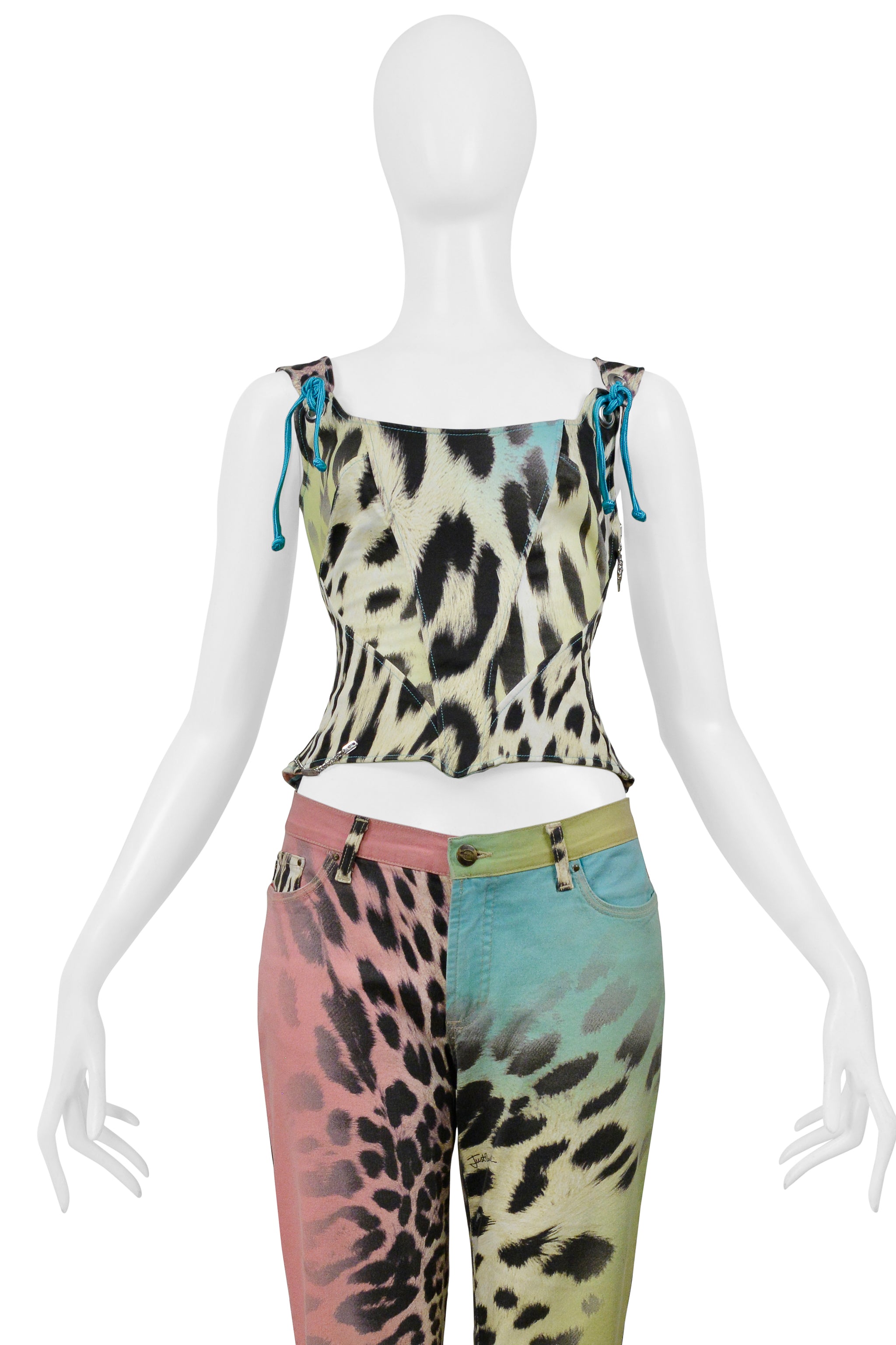 ROBERTO CAVALLI MULTI COLOR LEOPARD PRINT CORSET AND DENIM PANTS ENSEMBLE