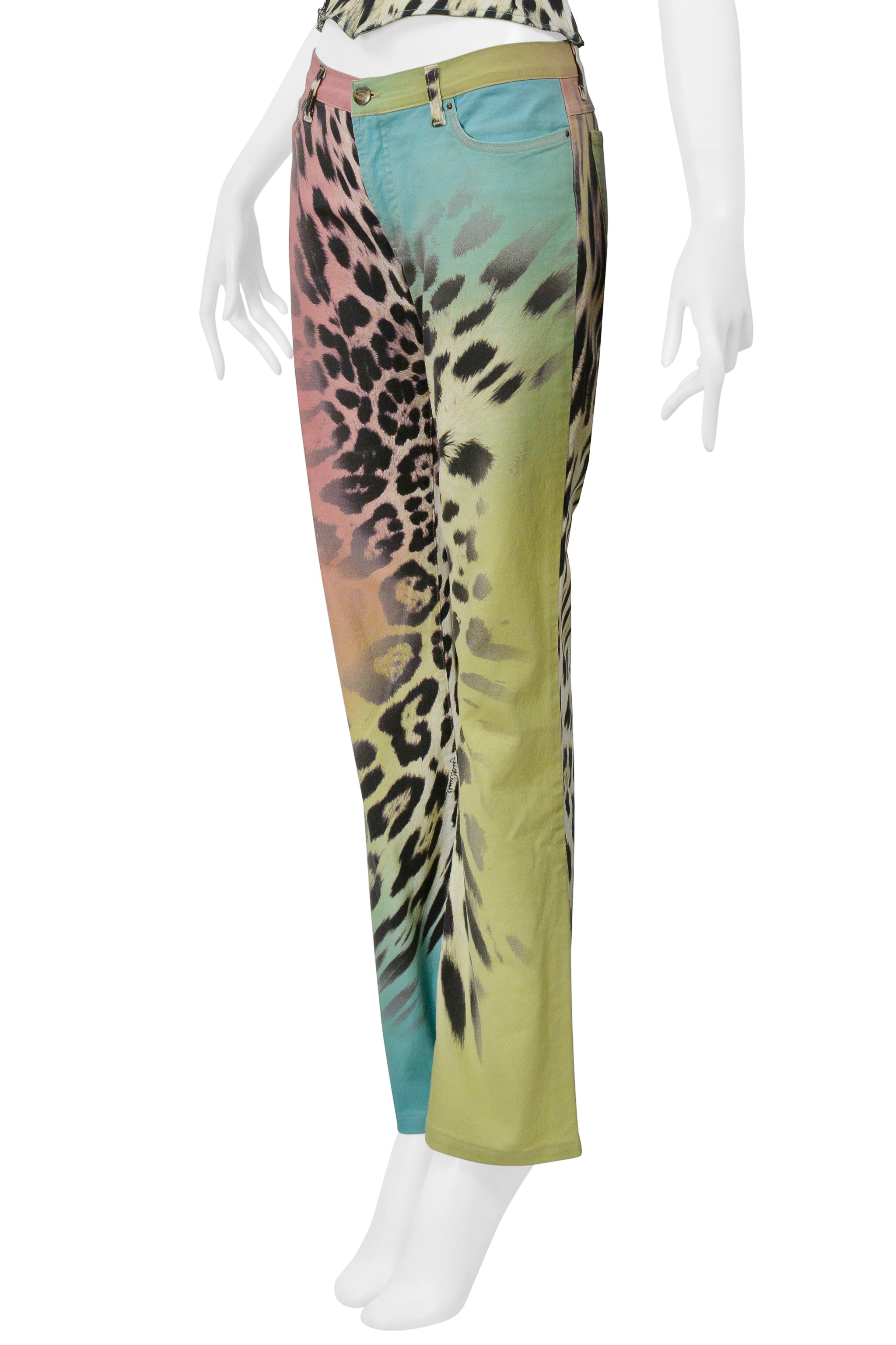 ROBERTO CAVALLI MULTI COLOR LEOPARD PRINT CORSET AND DENIM PANTS ENSEMBLE