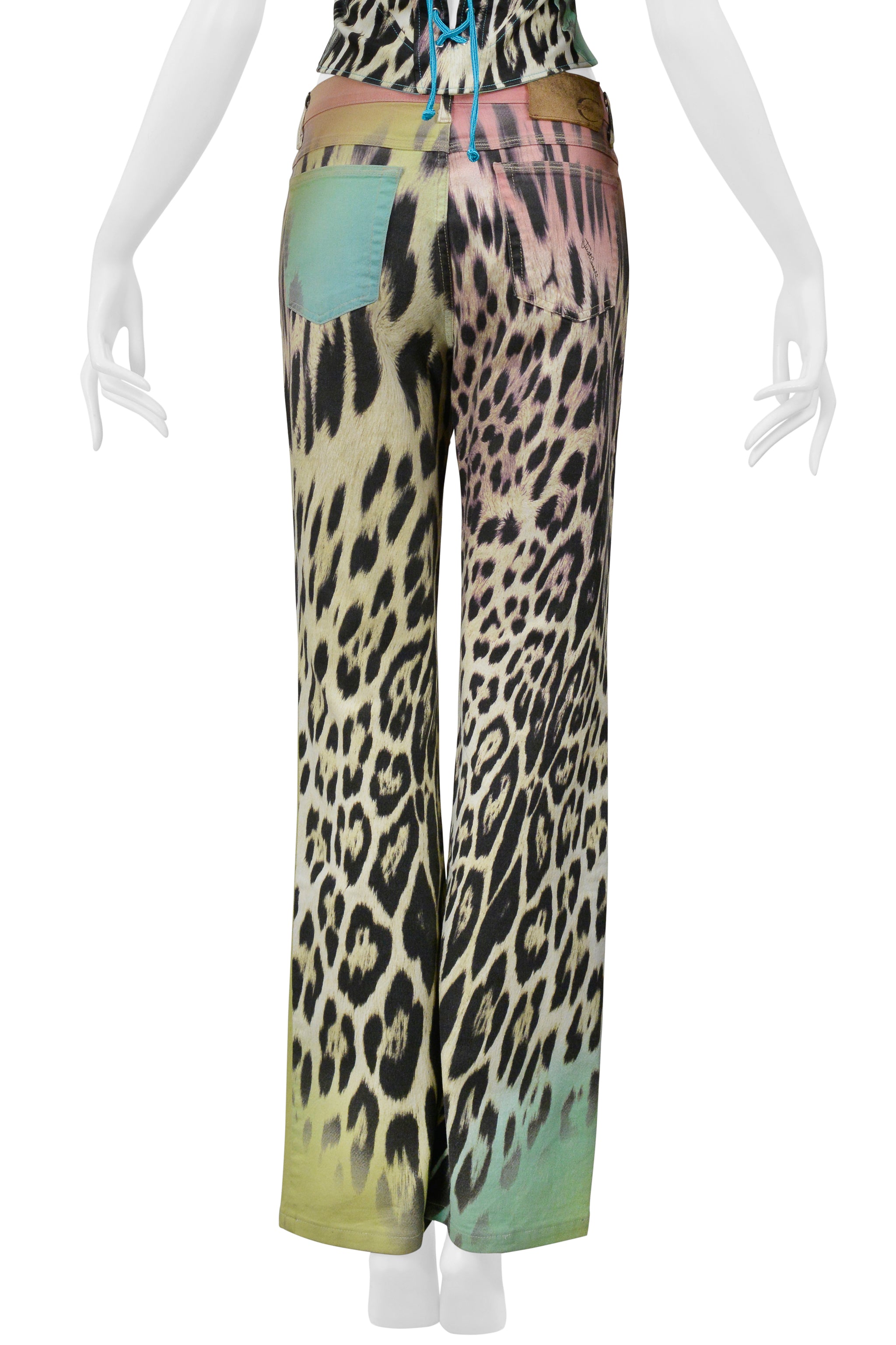 ROBERTO CAVALLI MULTI COLOR LEOPARD PRINT CORSET AND DENIM PANTS ENSEMBLE