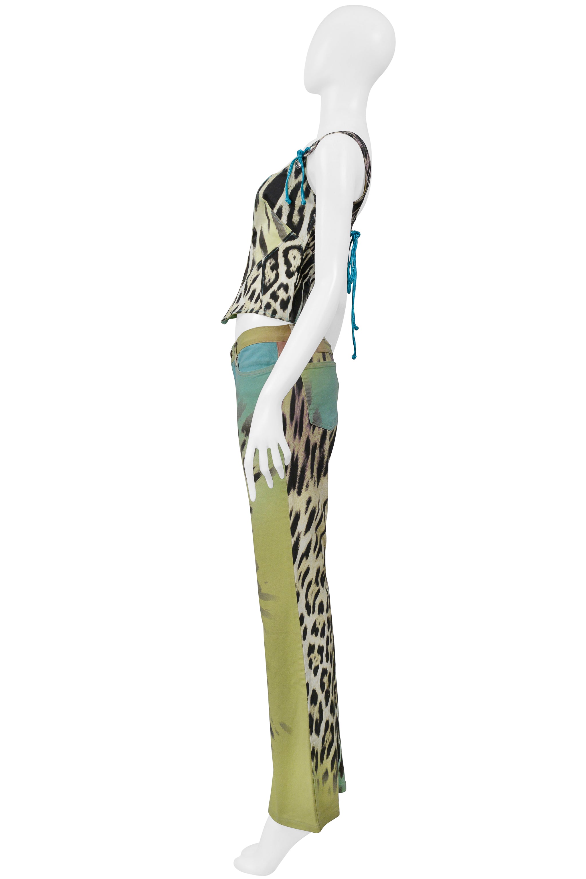 ROBERTO CAVALLI MULTI COLOR LEOPARD PRINT CORSET AND DENIM PANTS ENSEMBLE