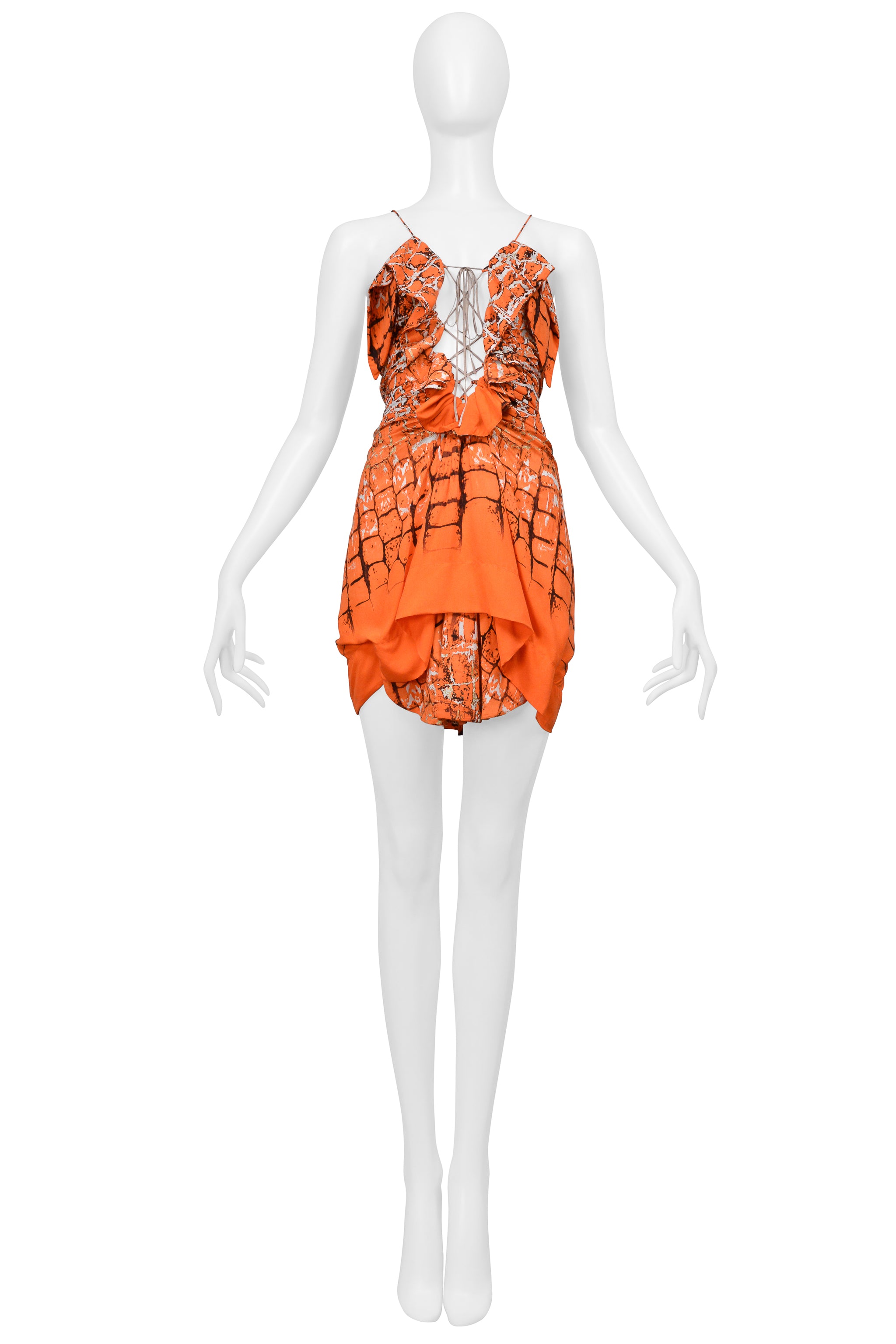 ROBERTO CAVALLI ORANGE ABSTRACT PRINTED MINI DRESS WITH SUEDE LACE UP FRONT