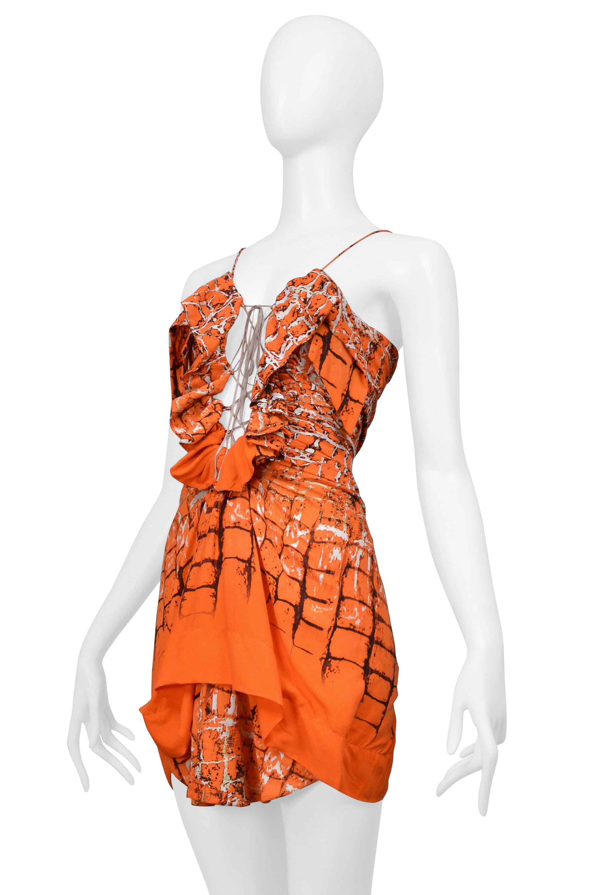 ROBERTO CAVALLI ORANGE ABSTRACT PRINTED MINI DRESS WITH SUEDE LACE UP FRONT