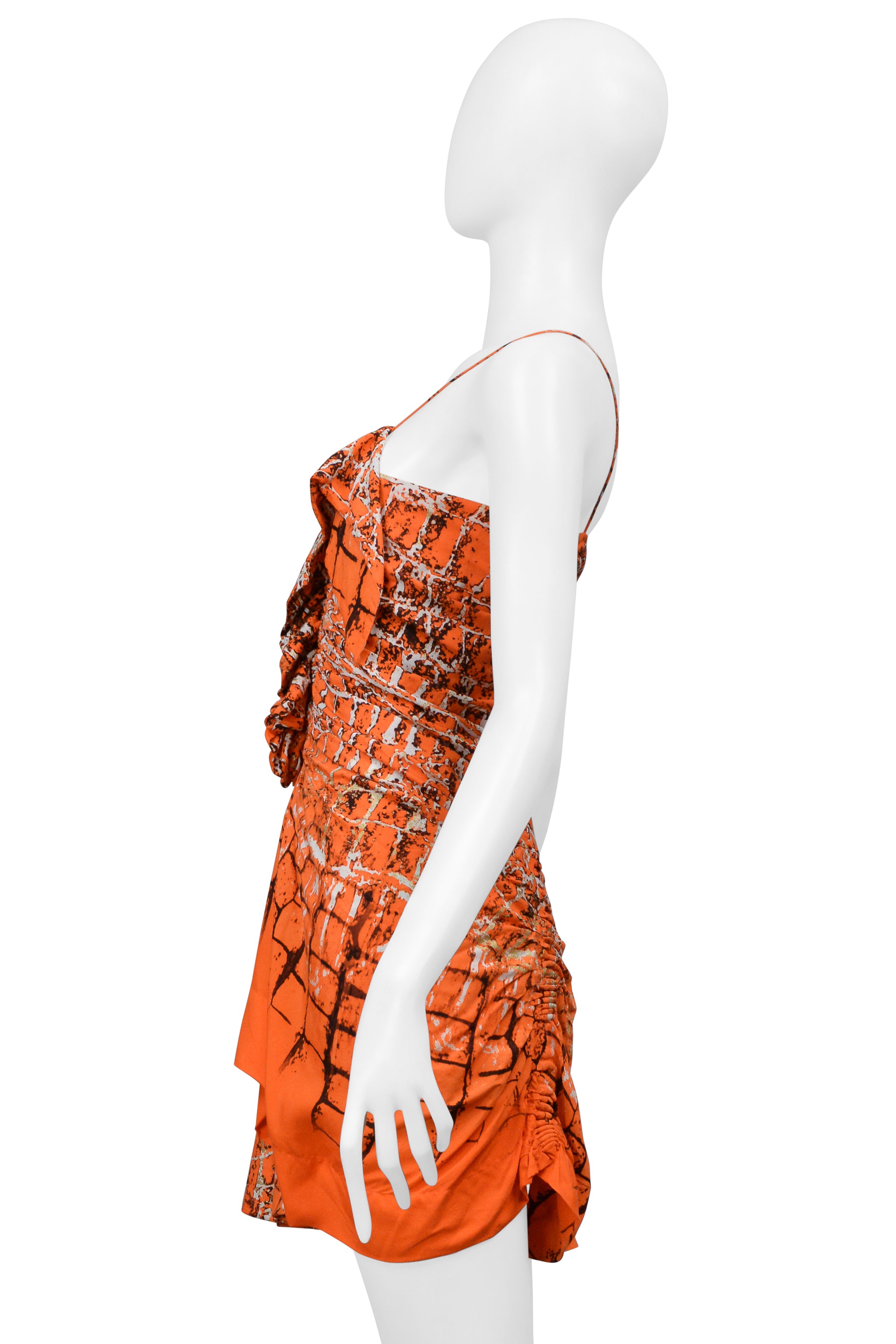 ROBERTO CAVALLI ORANGE ABSTRACT PRINTED MINI DRESS WITH SUEDE LACE UP FRONT
