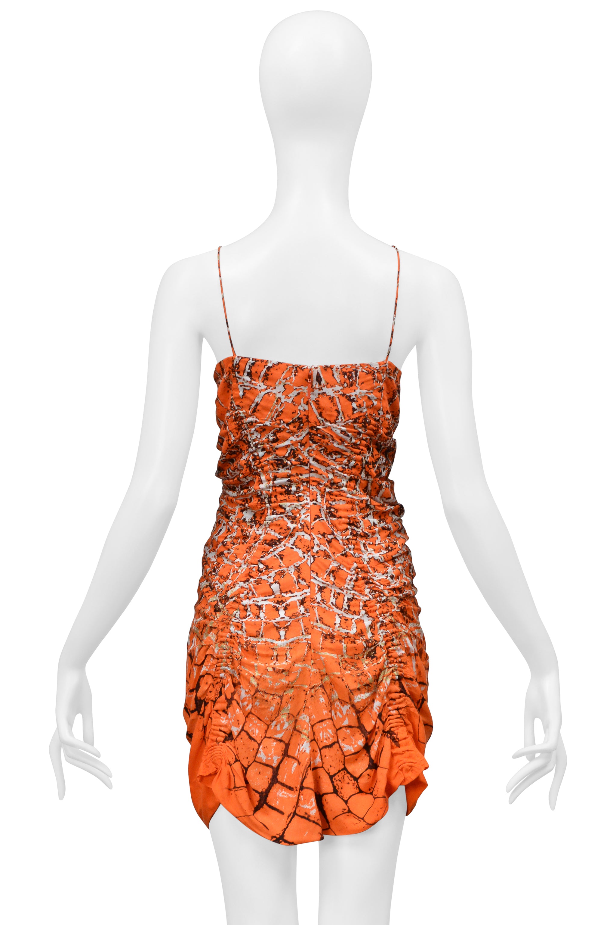 ROBERTO CAVALLI ORANGE ABSTRACT PRINTED MINI DRESS WITH SUEDE LACE UP FRONT