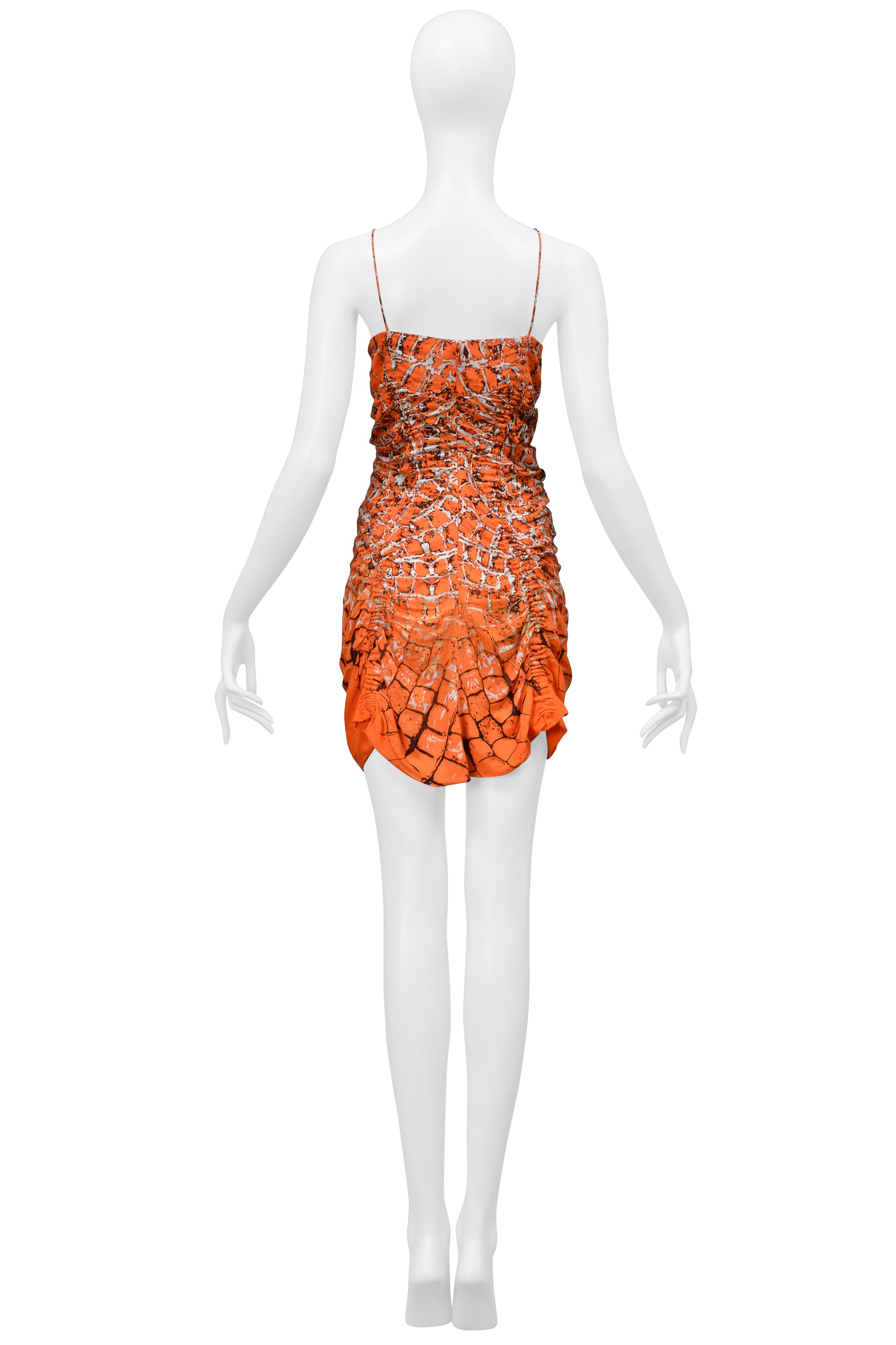 ROBERTO CAVALLI ORANGE ABSTRACT PRINTED MINI DRESS WITH SUEDE LACE UP FRONT