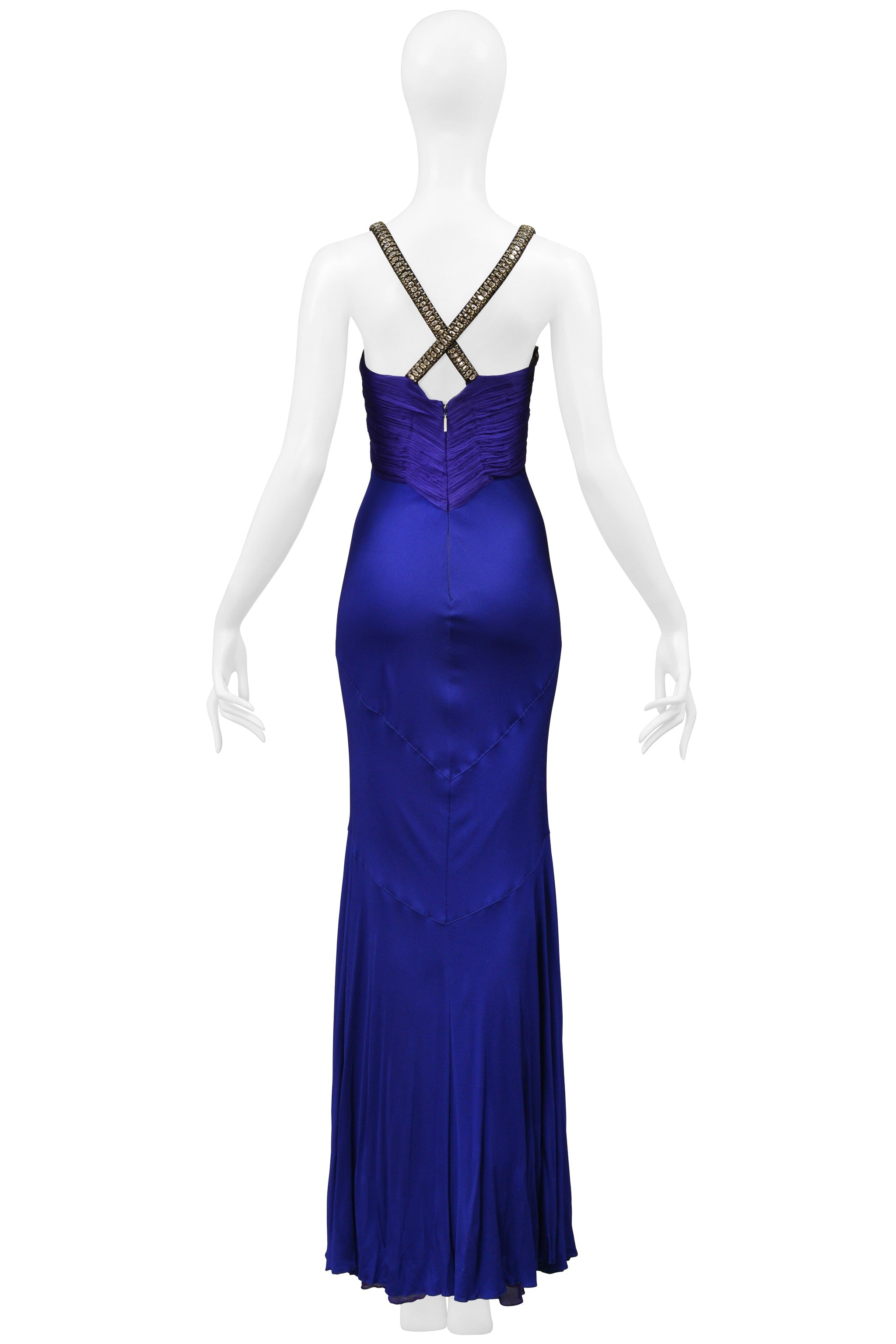 ROBERTO CAVALLI ROYAL FORUM BLUE PLEATED EVENING GOWN WITH DRAMATIC CRYSTALS