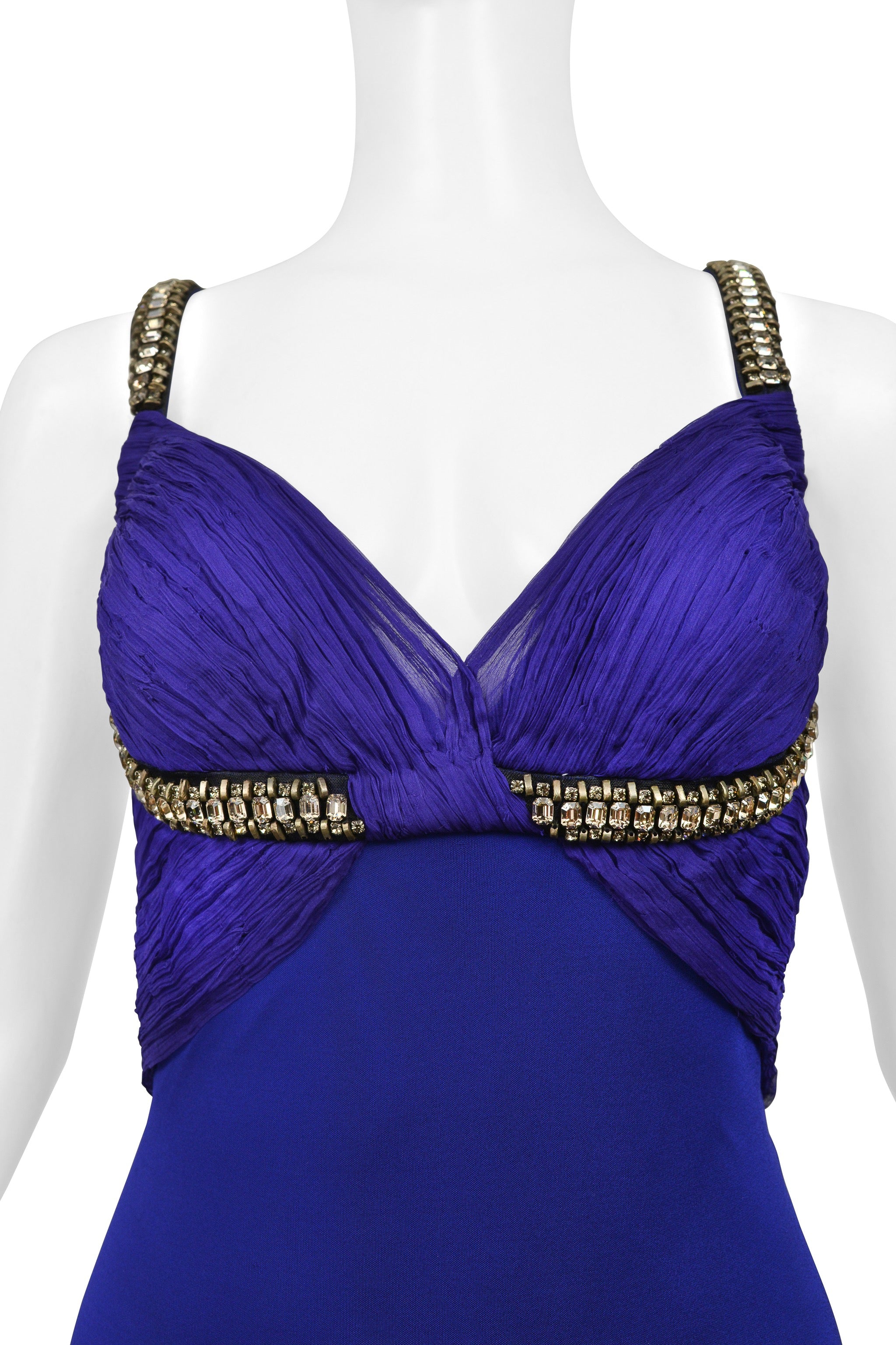 ROBERTO CAVALLI ROYAL FORUM BLUE PLEATED EVENING GOWN WITH DRAMATIC CRYSTALS