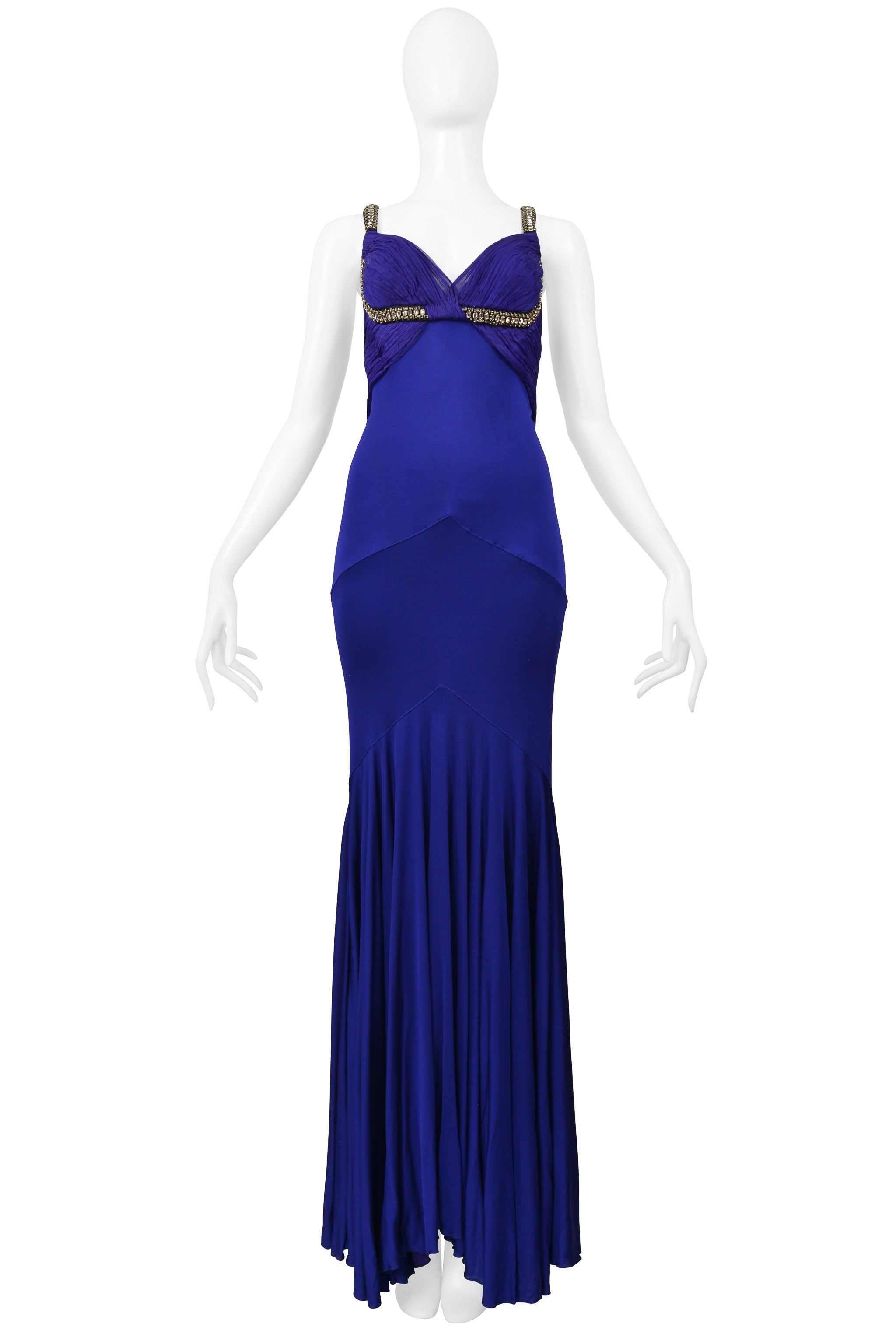 ROBERTO CAVALLI ROYAL FORUM BLUE PLEATED EVENING GOWN WITH DRAMATIC CRYSTALS