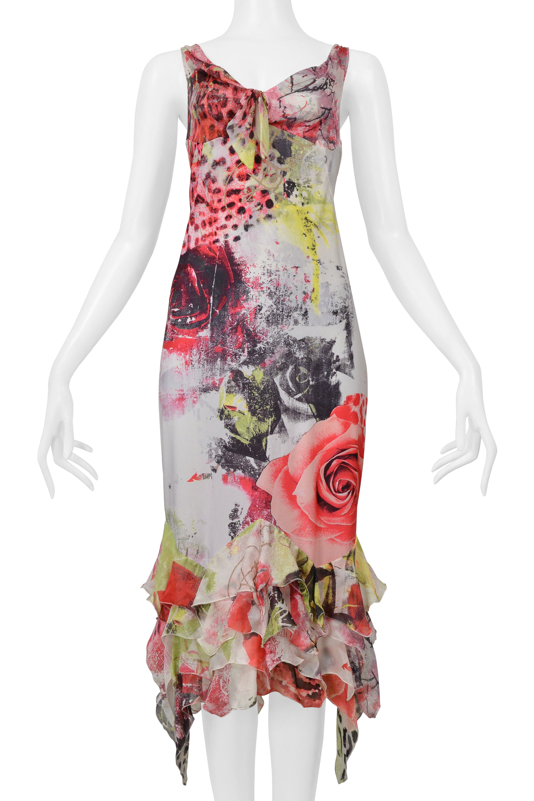 ROBERTO CAVALLI MULTI COLOR ROSE AND LEOPARD GRAFFITI DRESS WITH RUFFLES 2000