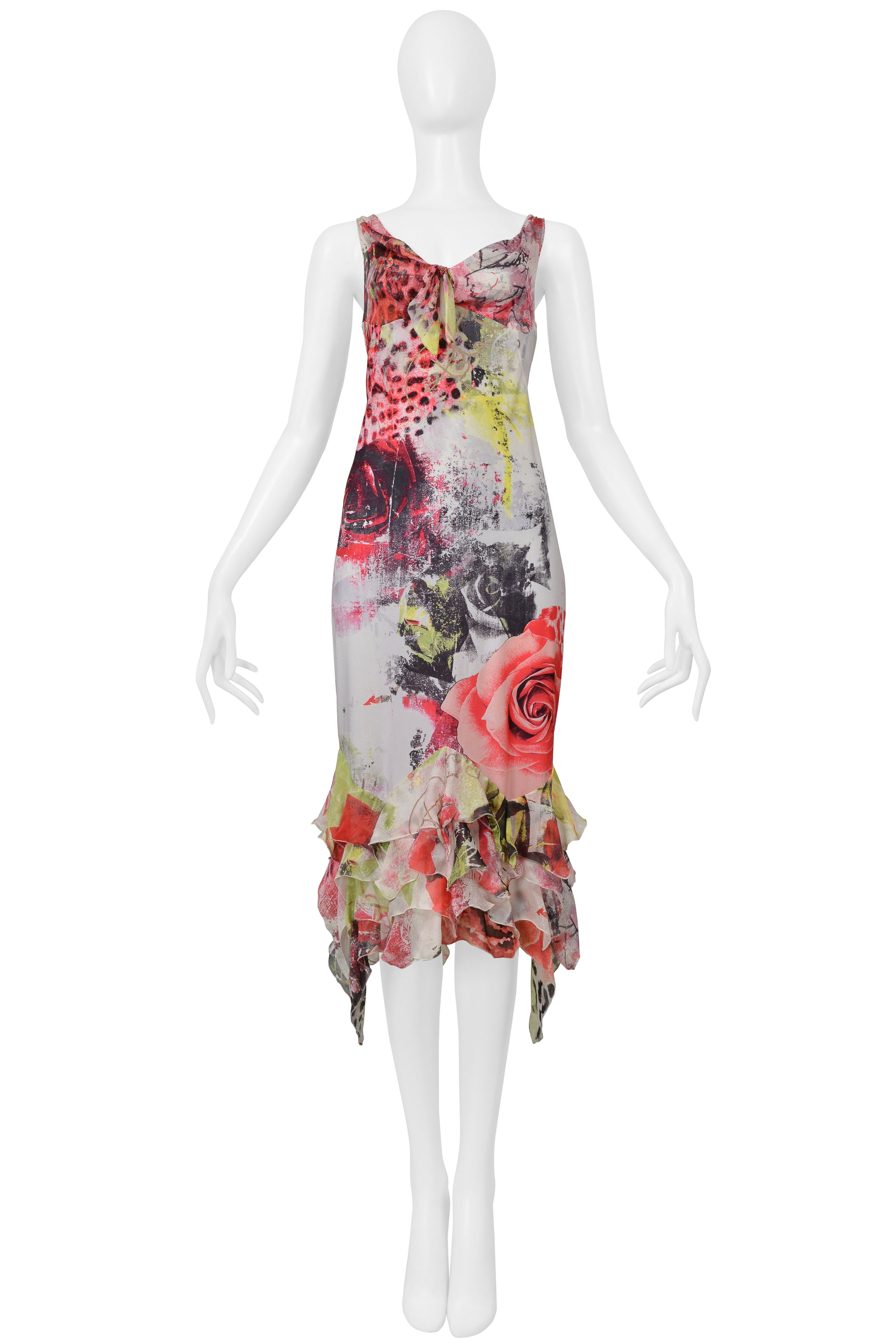 ROBERTO CAVALLI MULTI COLOR ROSE AND LEOPARD GRAFFITI DRESS WITH RUFFLES 2000