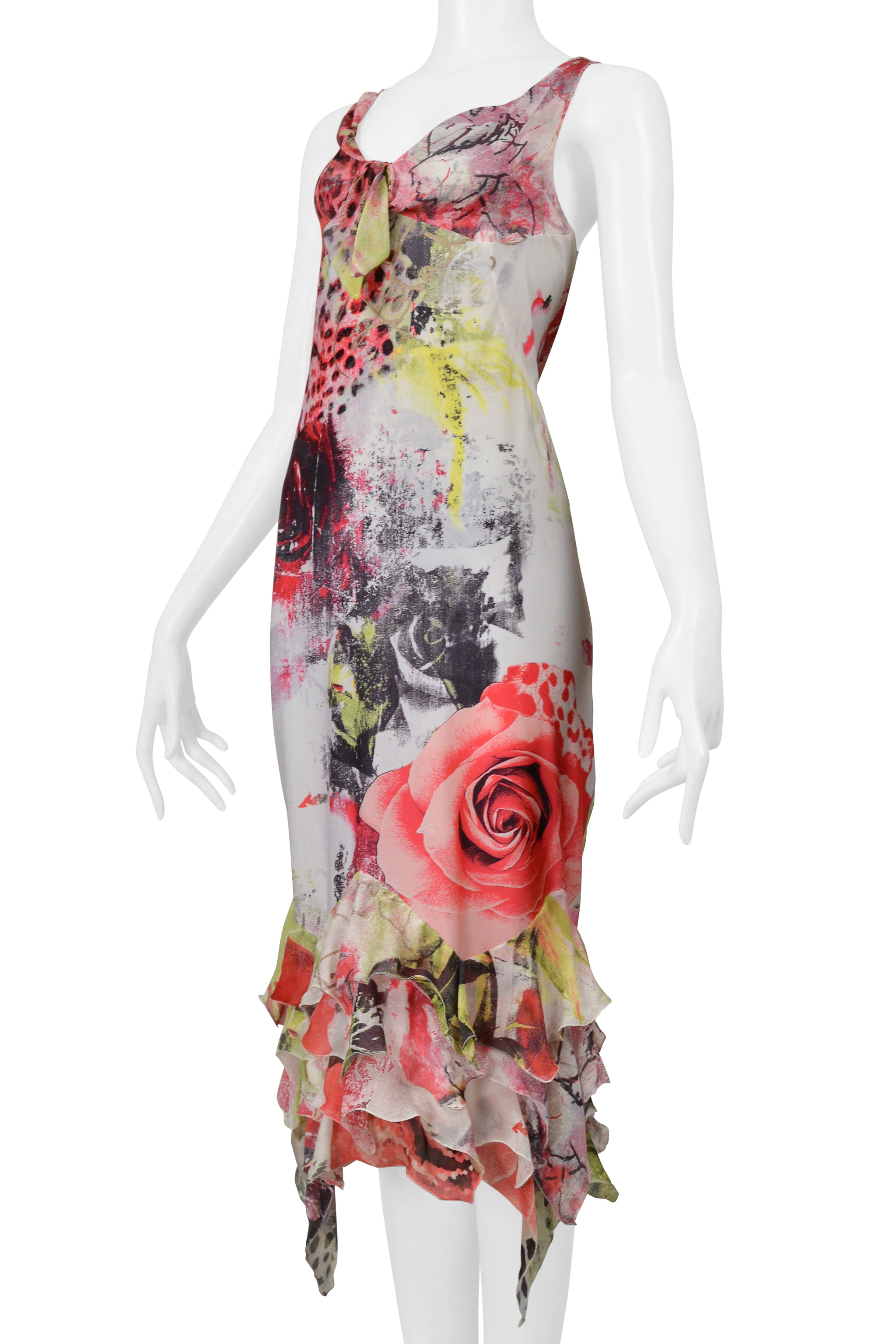 ROBERTO CAVALLI MULTI COLOR ROSE AND LEOPARD GRAFFITI DRESS WITH RUFFLES 2000