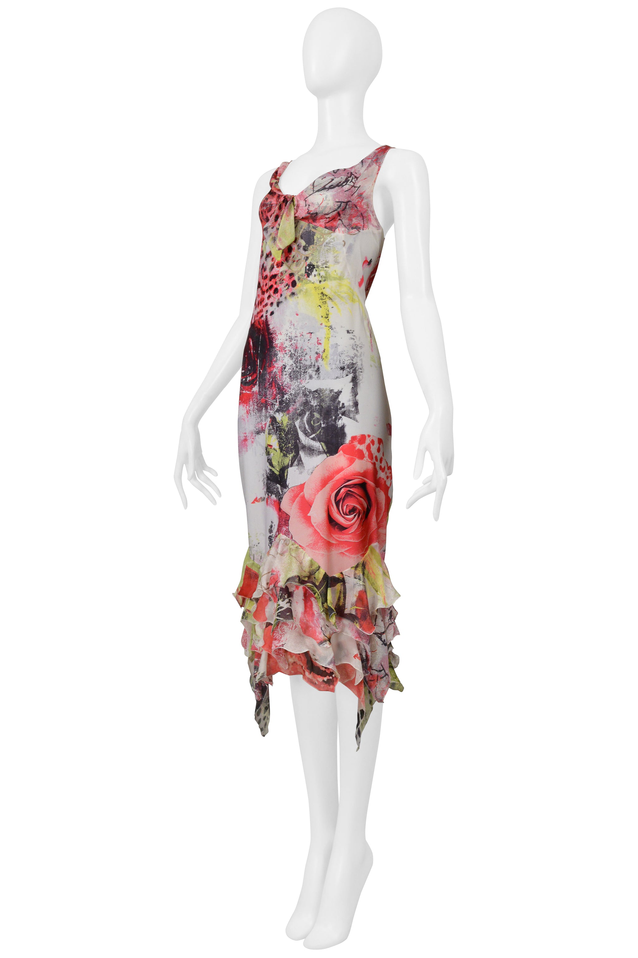 ROBERTO CAVALLI MULTI COLOR ROSE AND LEOPARD GRAFFITI DRESS WITH RUFFLES 2000