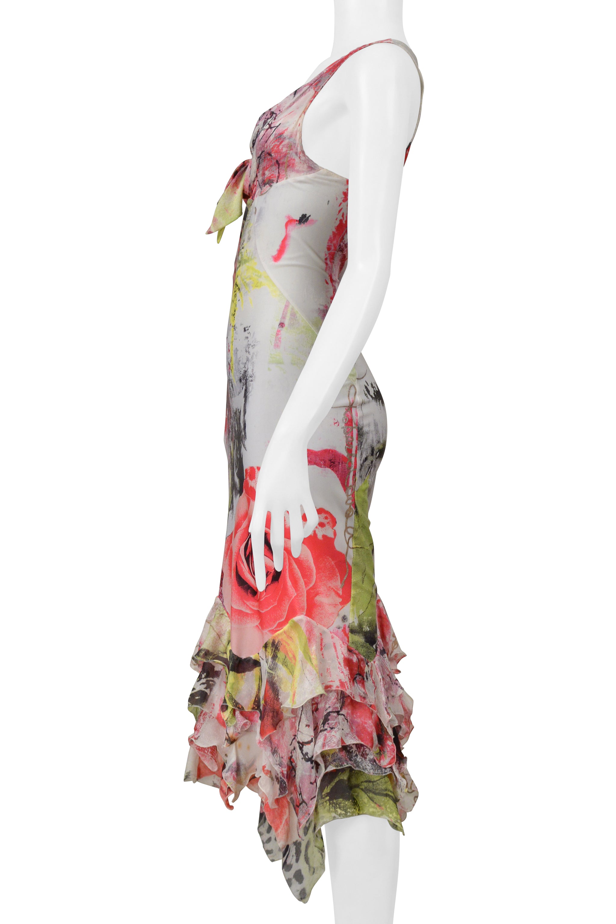 ROBERTO CAVALLI MULTI COLOR ROSE AND LEOPARD GRAFFITI DRESS WITH RUFFLES 2000