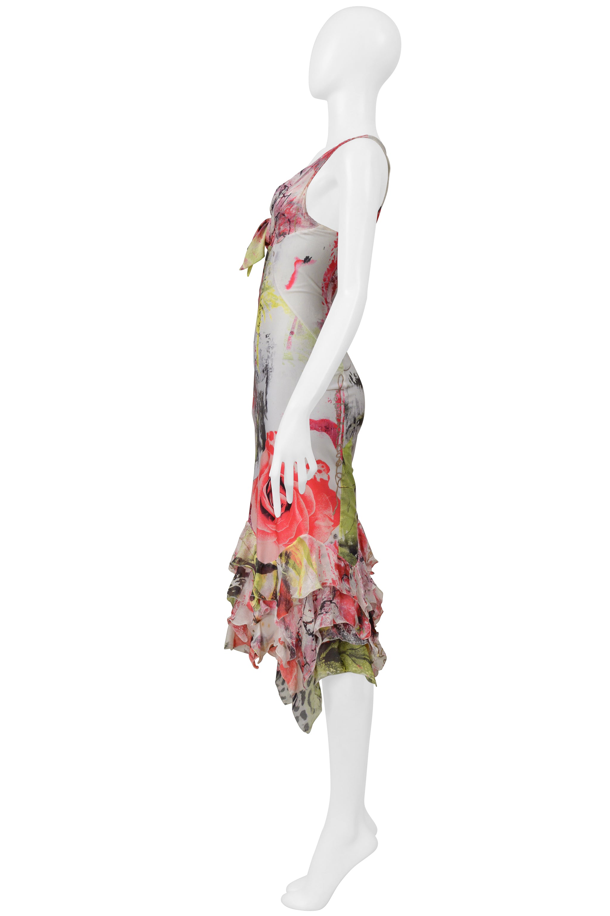 ROBERTO CAVALLI MULTI COLOR ROSE AND LEOPARD GRAFFITI DRESS WITH RUFFLES 2000