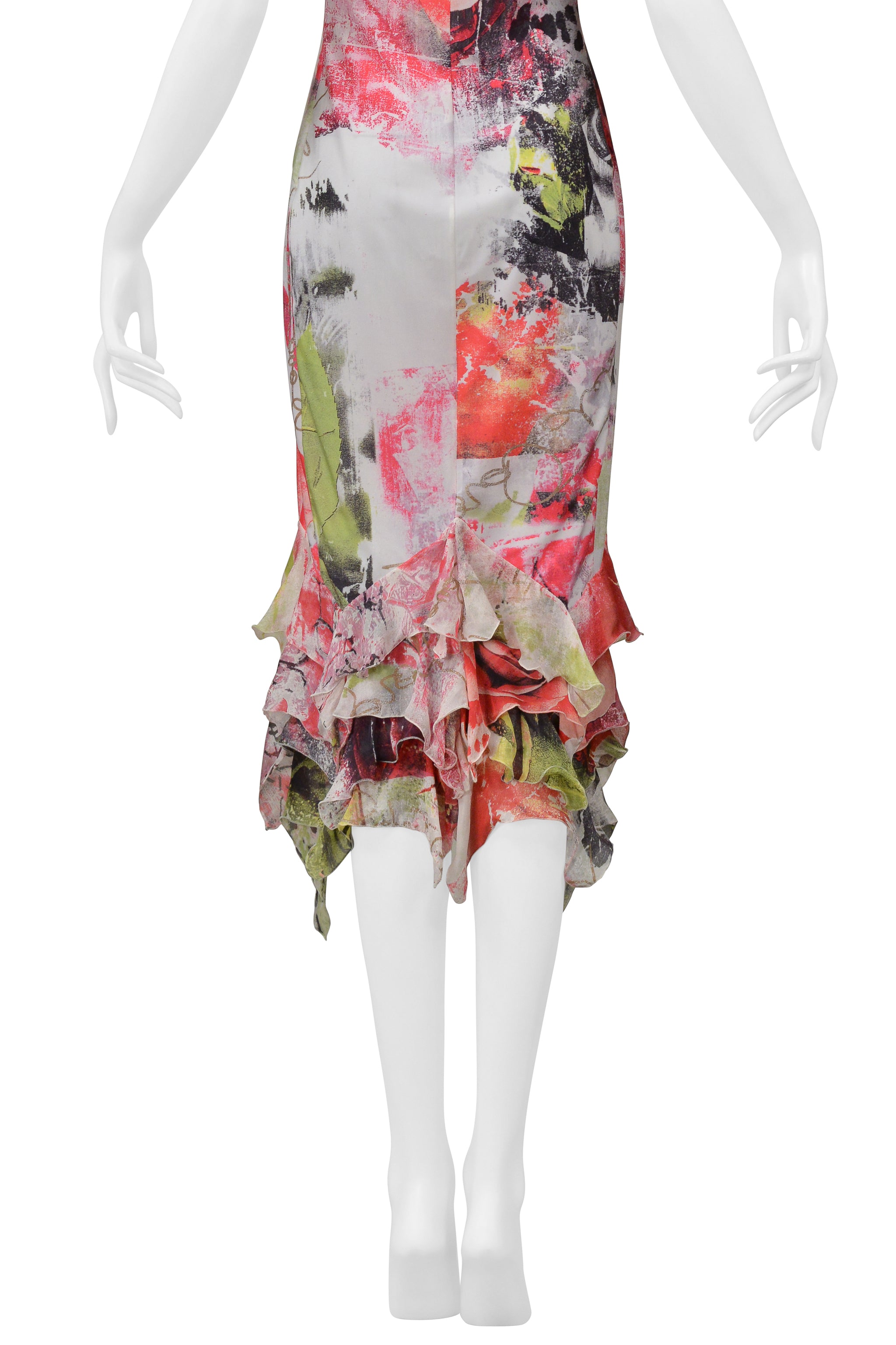 ROBERTO CAVALLI MULTI COLOR ROSE AND LEOPARD GRAFFITI DRESS WITH RUFFLES 2000