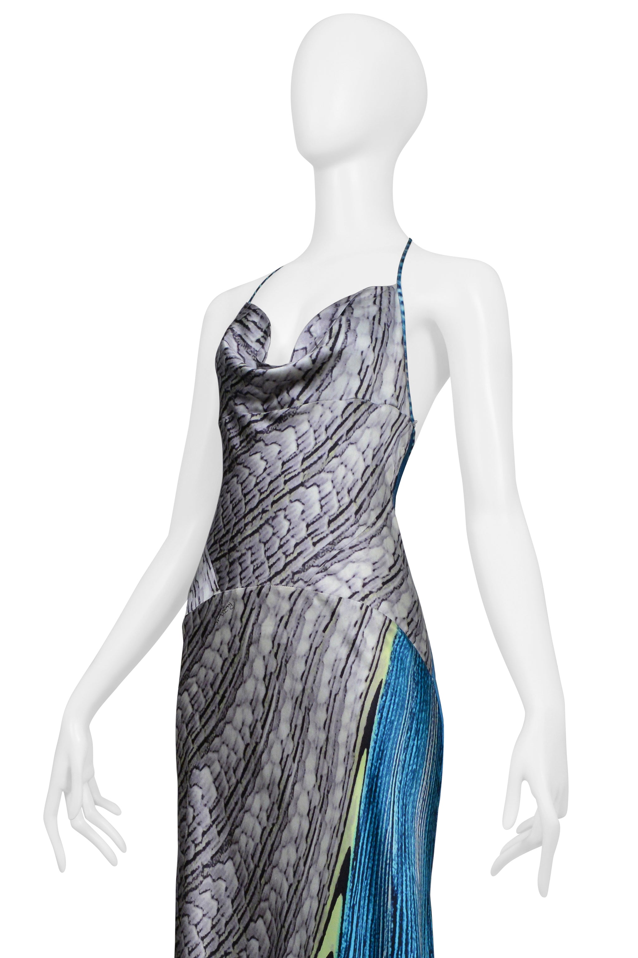 ROBERTO CAVALLI SILVER & BLUE SILK HALTER MERMAID DRESS SS 2001
