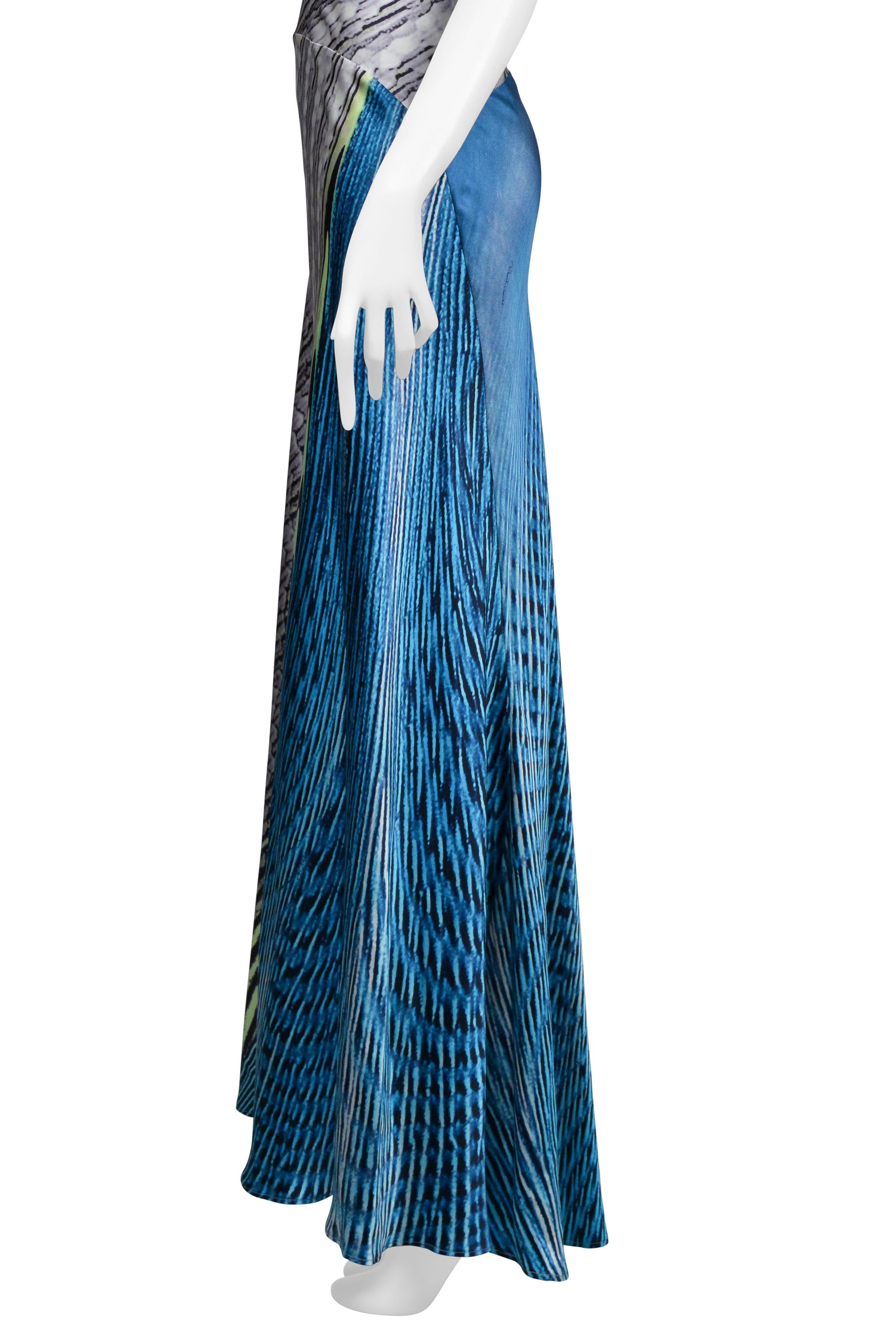ROBERTO CAVALLI SILVER & BLUE SILK HALTER MERMAID DRESS SS 2001