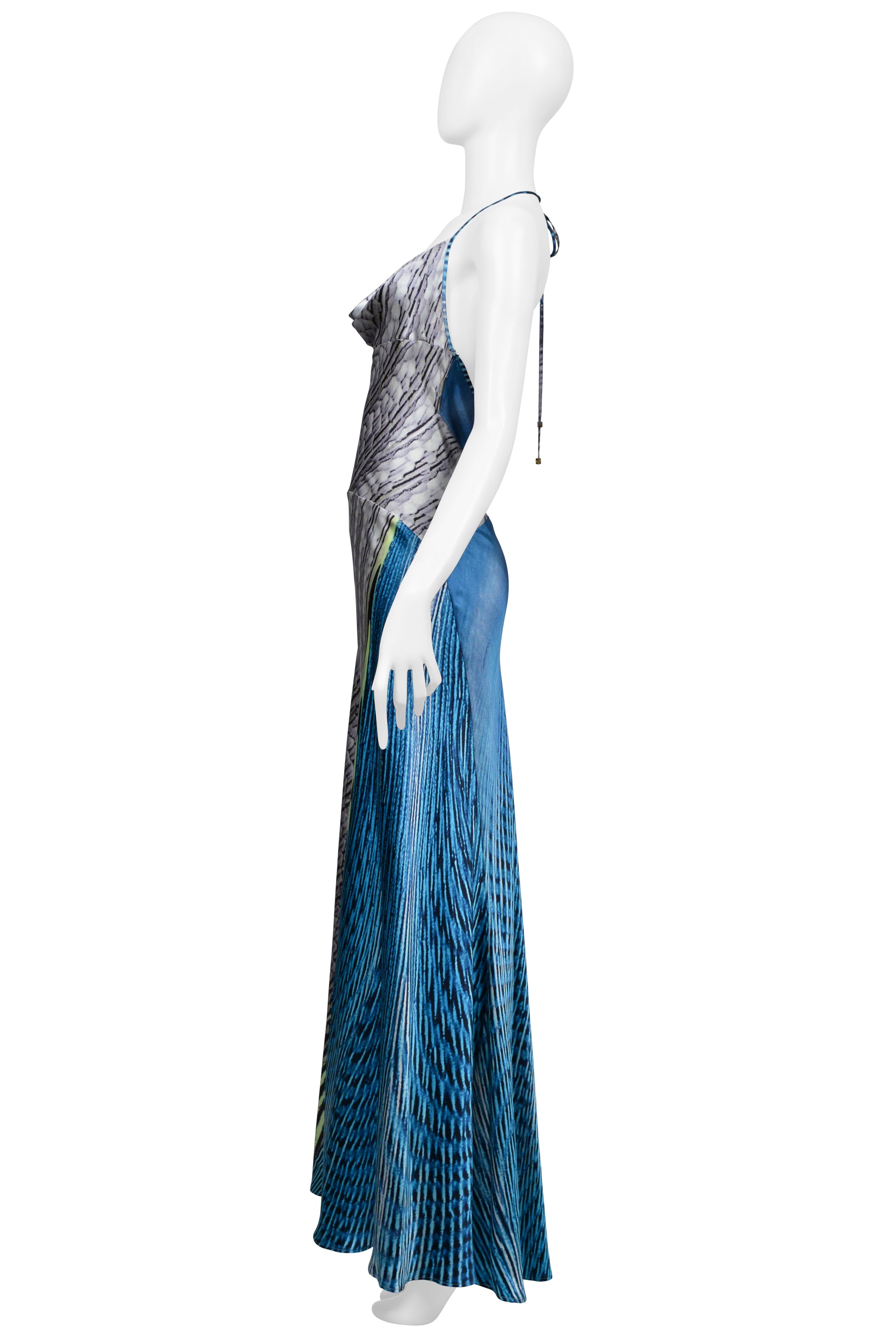 ROBERTO CAVALLI SILVER & BLUE SILK HALTER MERMAID DRESS SS 2001