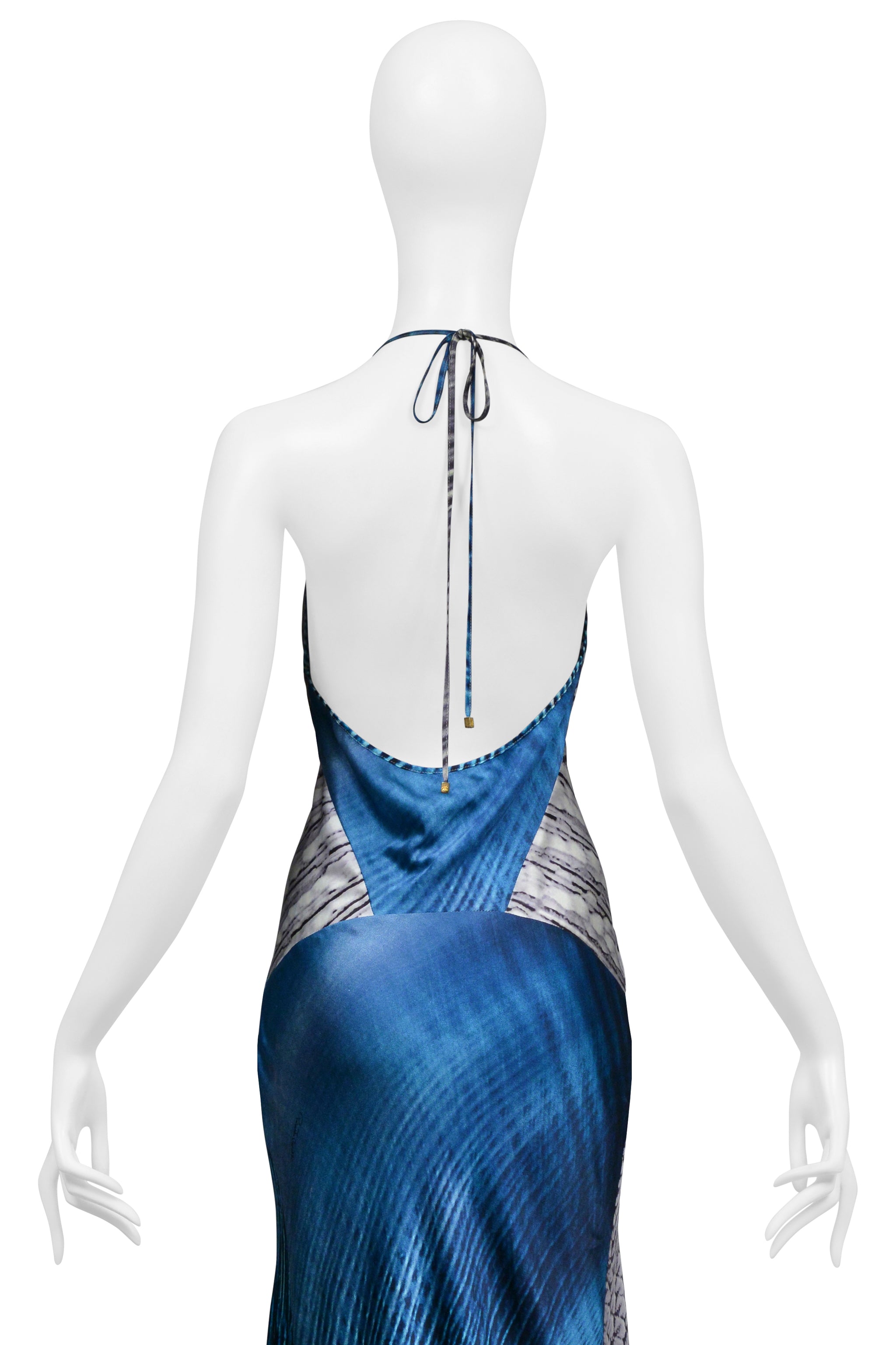 ROBERTO CAVALLI SILVER & BLUE SILK HALTER MERMAID DRESS SS 2001