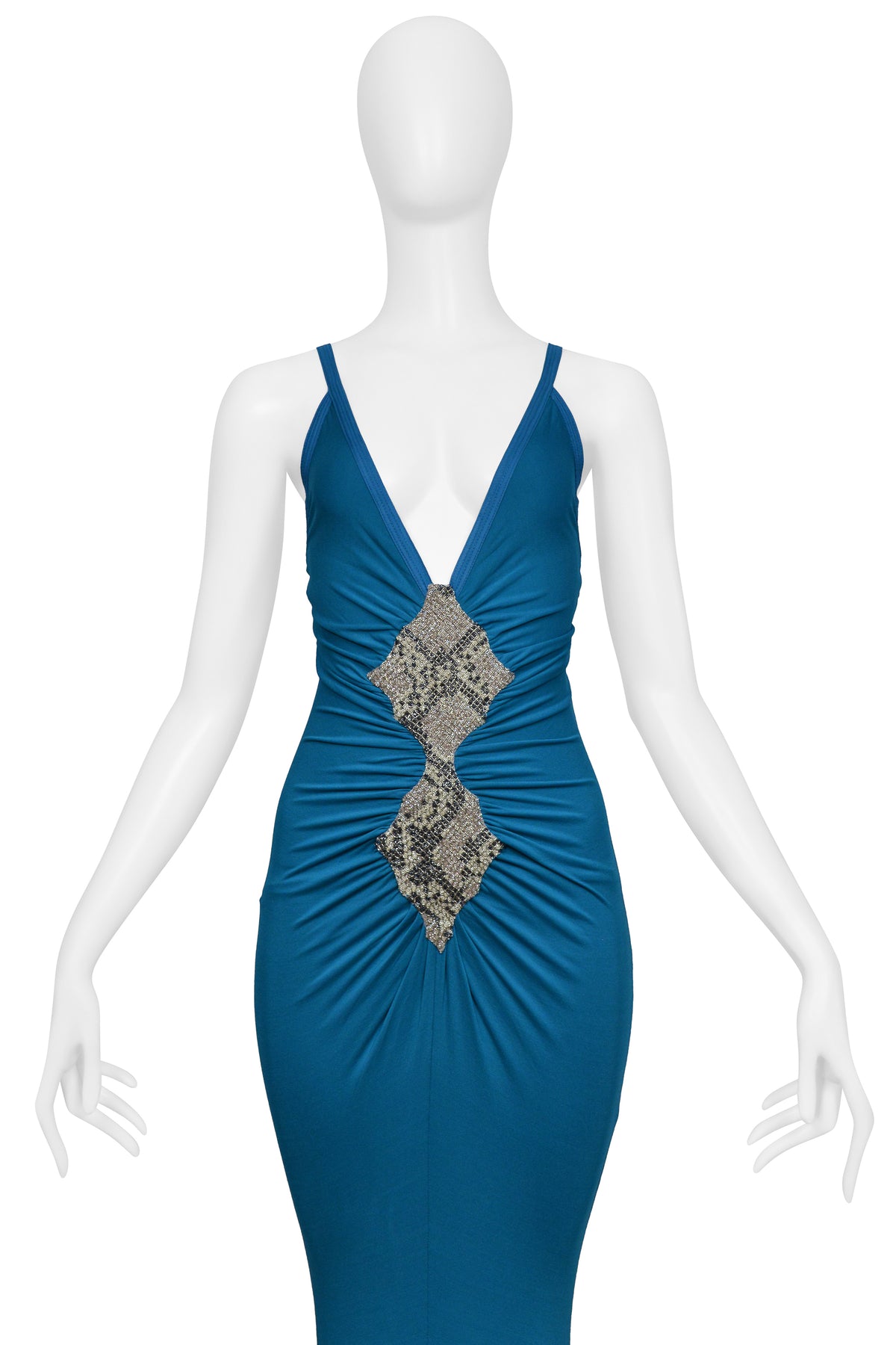 ROBERTO CAVALLI TEAL BLUE GOWN WITH SNAKE EMBELLISHMENT AT BODICE AND DRAMATIC TRAIN