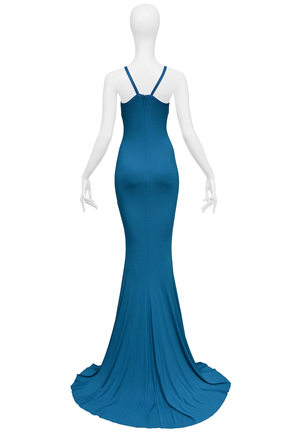 ROBERTO CAVALLI TEAL BLUE GOWN WITH SNAKE EMBELLISHMENT AT BODICE AND DRAMATIC TRAIN