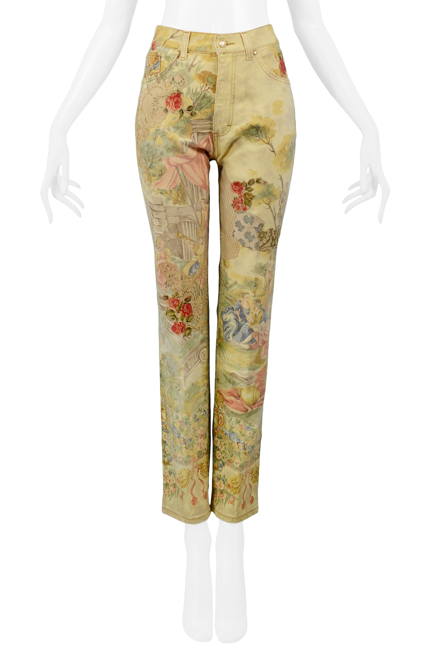 ROBERTO CAVALLI VINTAGE VICTORIAN PRINT JEANS WITH SUEDE ROSES