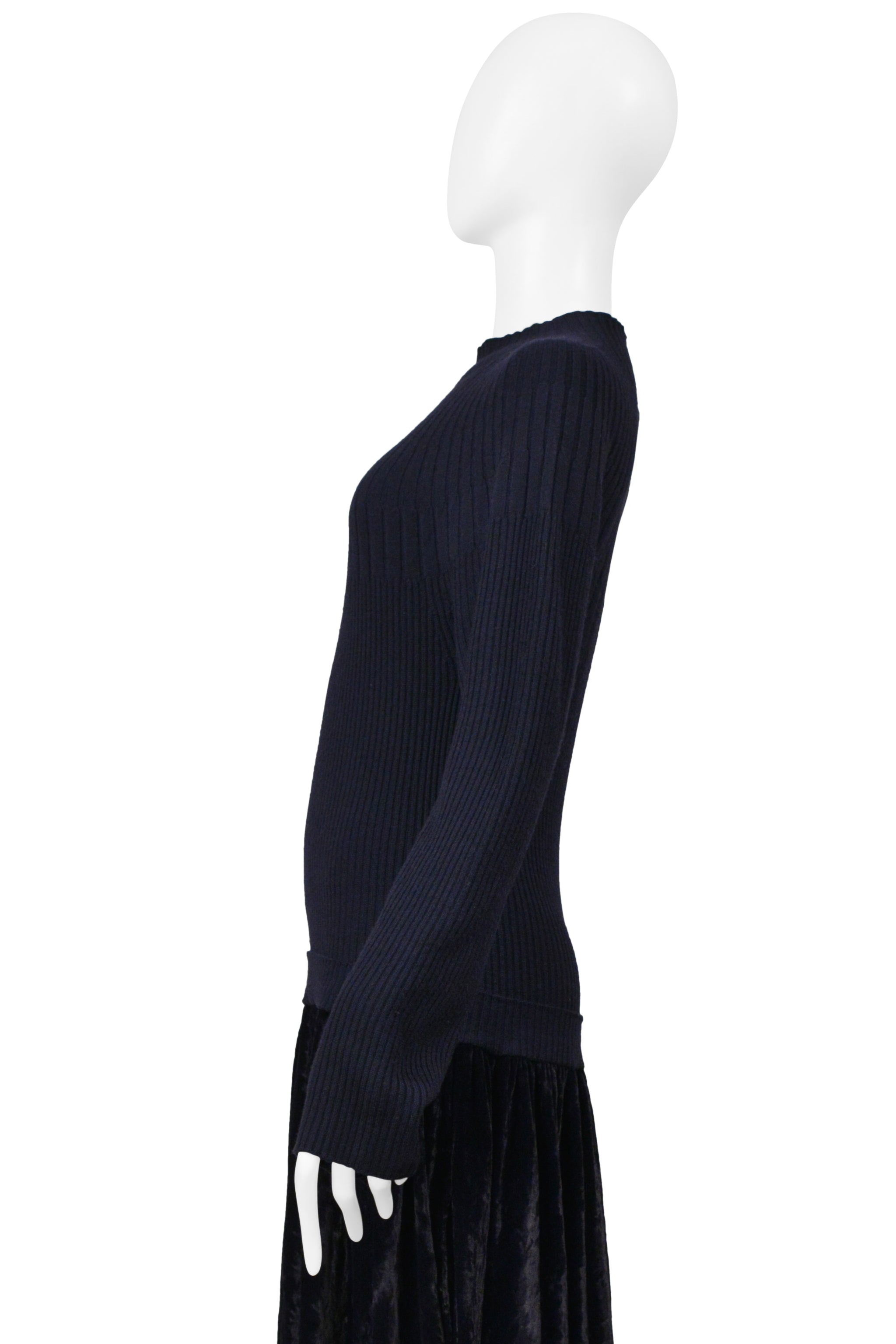 COMME DES GARCONS NAVY DRESS WITH KNIT RIBBED TOP AND CRUSHED VELVET SKIRT 1997-98