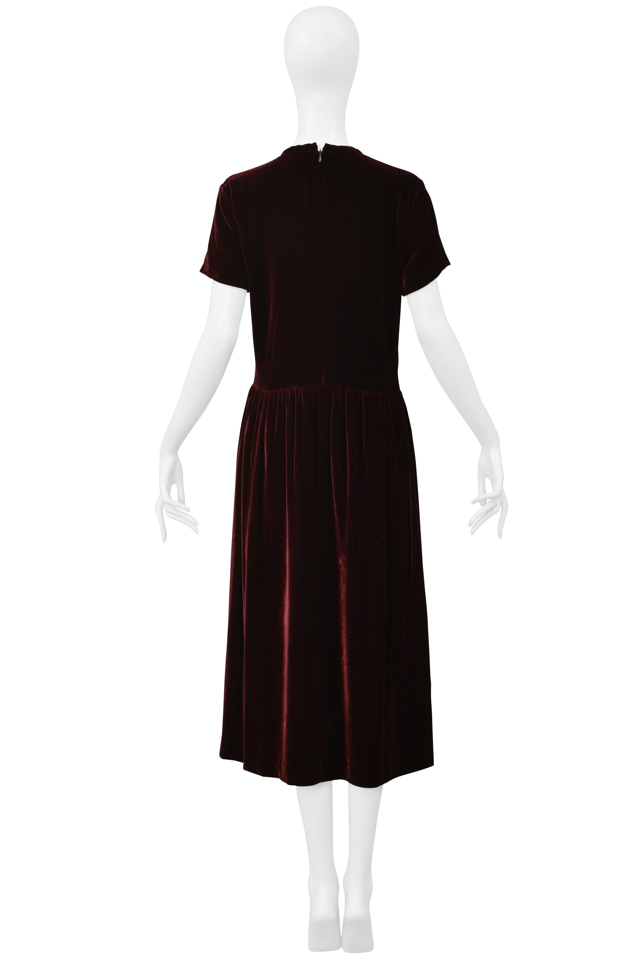 COMME DES GARCONS BURGUNDY VELVET SHORT SLEEVE DRESS WITH GATHERS 1997