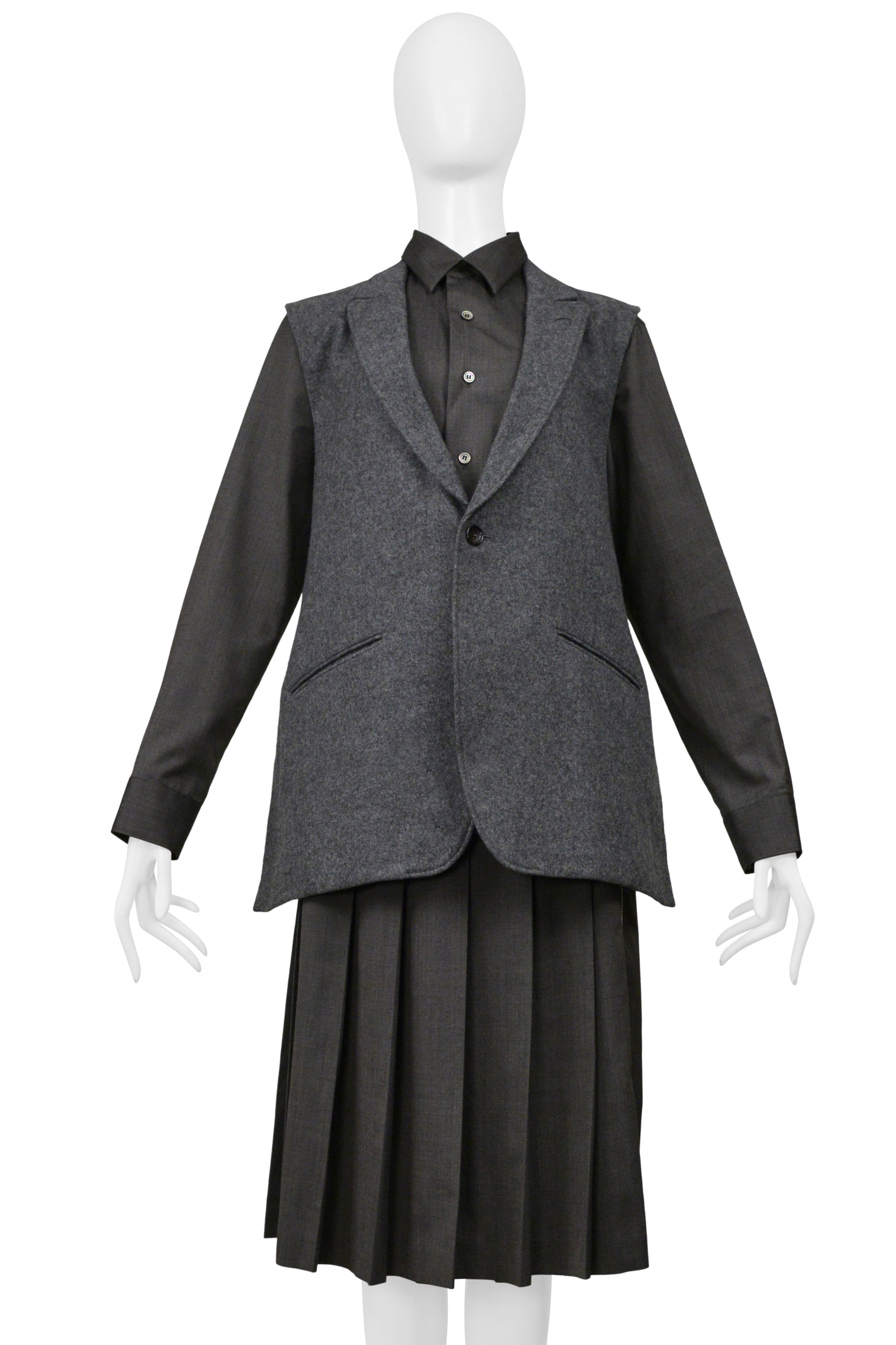 COMME DES GARCONS GRAY THREE PIECE FELT VEST, WITH ATTACHED SHIRT, AND PLEATED SKIRT ENSEMBLE 2000-01