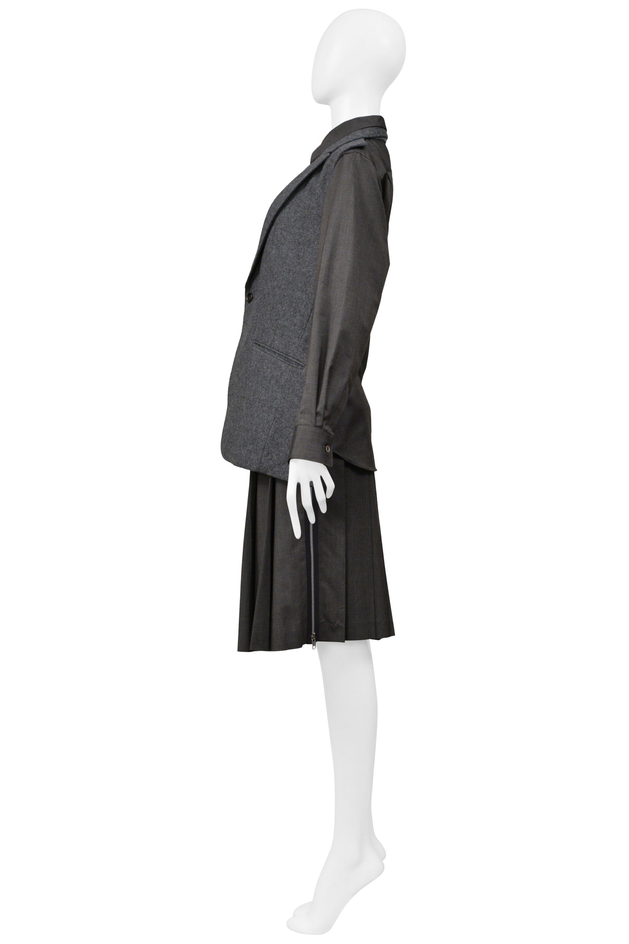 COMME DES GARCONS GRAY THREE PIECE FELT VEST, WITH ATTACHED SHIRT, AND PLEATED SKIRT ENSEMBLE 2000-01