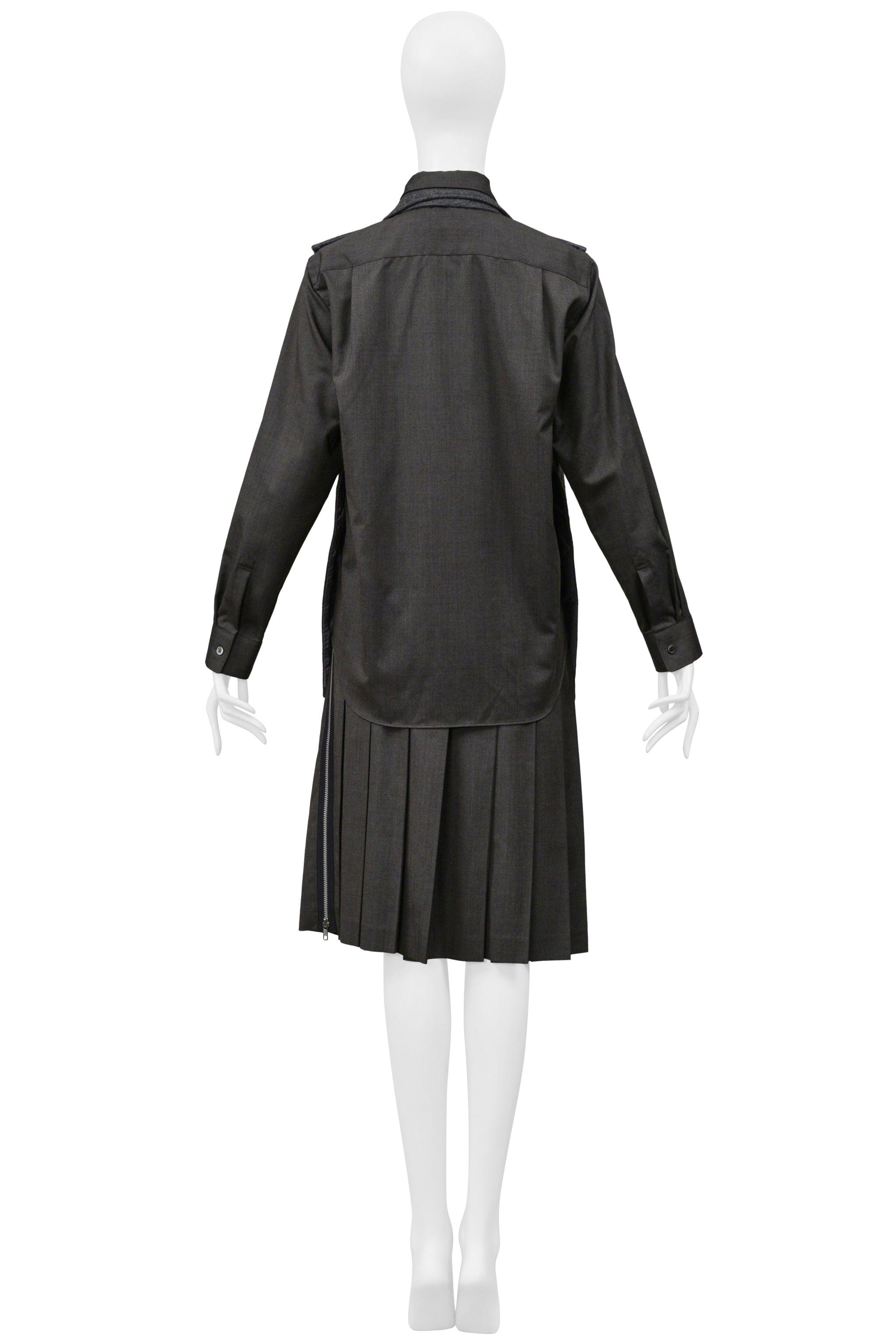 COMME DES GARCONS GRAY THREE PIECE FELT VEST, WITH ATTACHED SHIRT, AND PLEATED SKIRT ENSEMBLE 2000-01