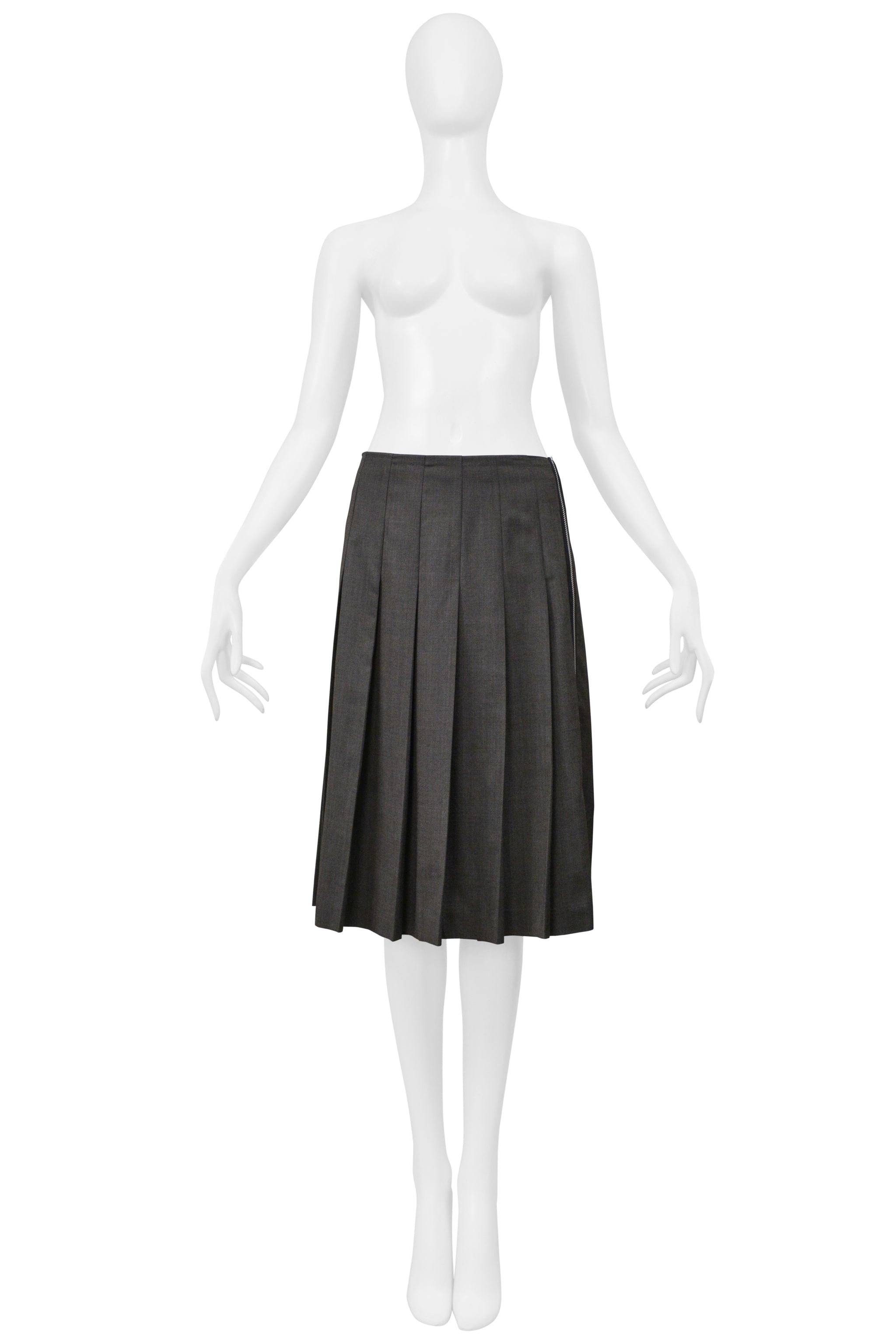 COMME DES GARCONS GRAY THREE PIECE FELT VEST, WITH ATTACHED SHIRT, AND PLEATED SKIRT ENSEMBLE 2000-01