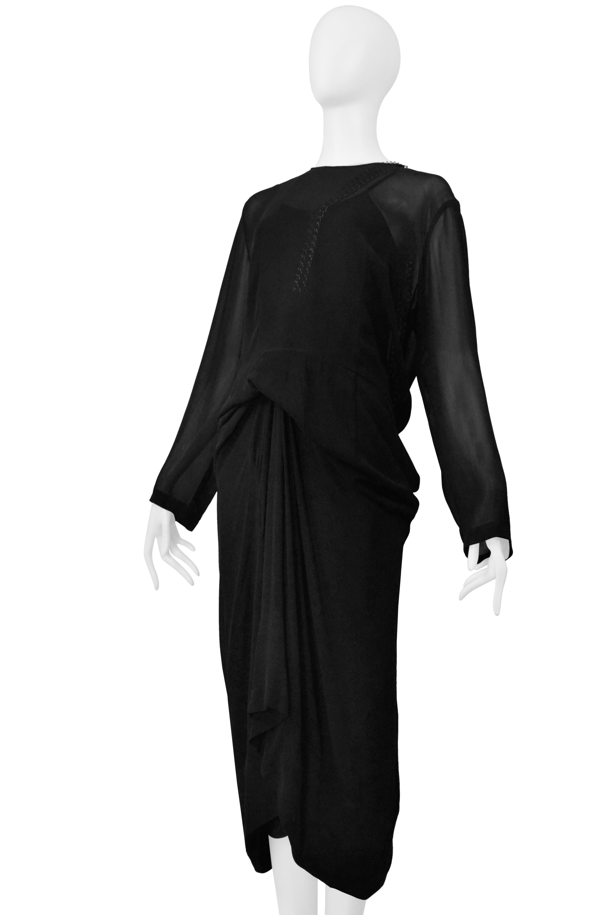 COMME DES GARCONS BLACK SHEER DRESS WITH DRAPING & INTERIOR SILVER CHAINS AW 2000