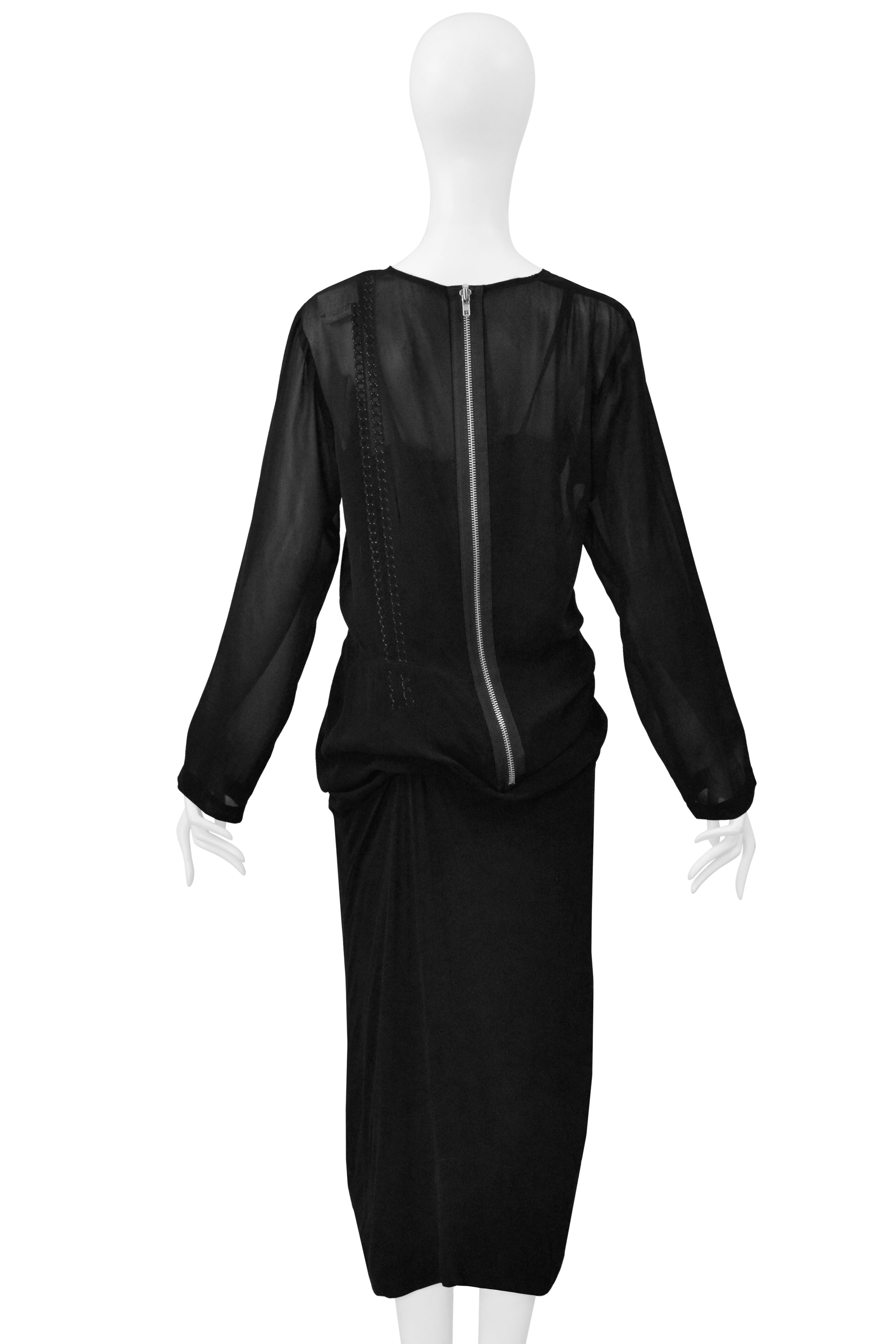 COMME DES GARCONS BLACK SHEER DRESS WITH DRAPING & INTERIOR SILVER CHAINS AW 2000