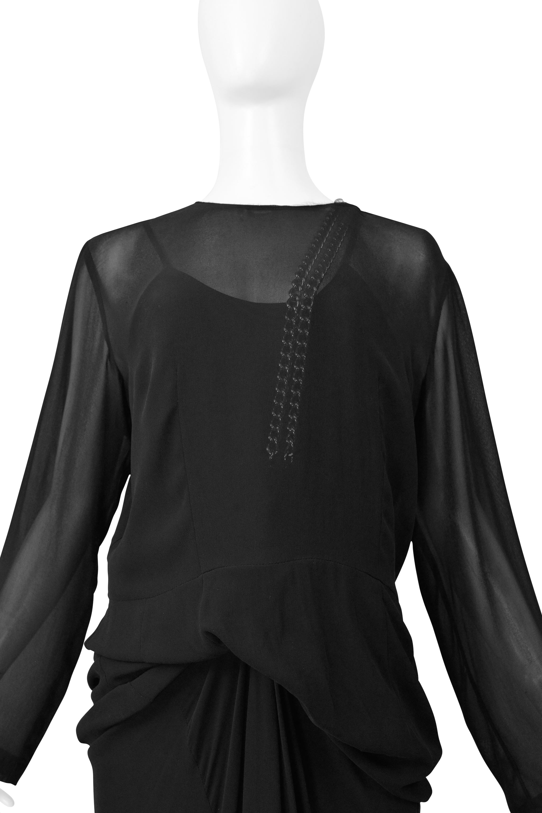 COMME DES GARCONS BLACK SHEER DRESS WITH DRAPING & INTERIOR SILVER CHAINS AW 2000