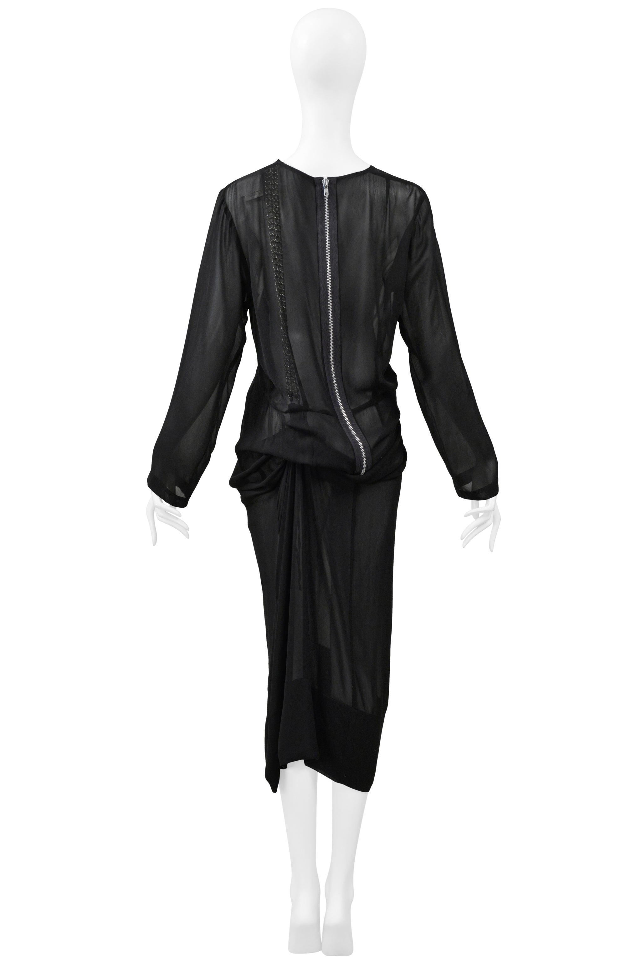 COMME DES GARCONS BLACK SHEER DRESS WITH DRAPING & INTERIOR SILVER CHAINS AW 2000
