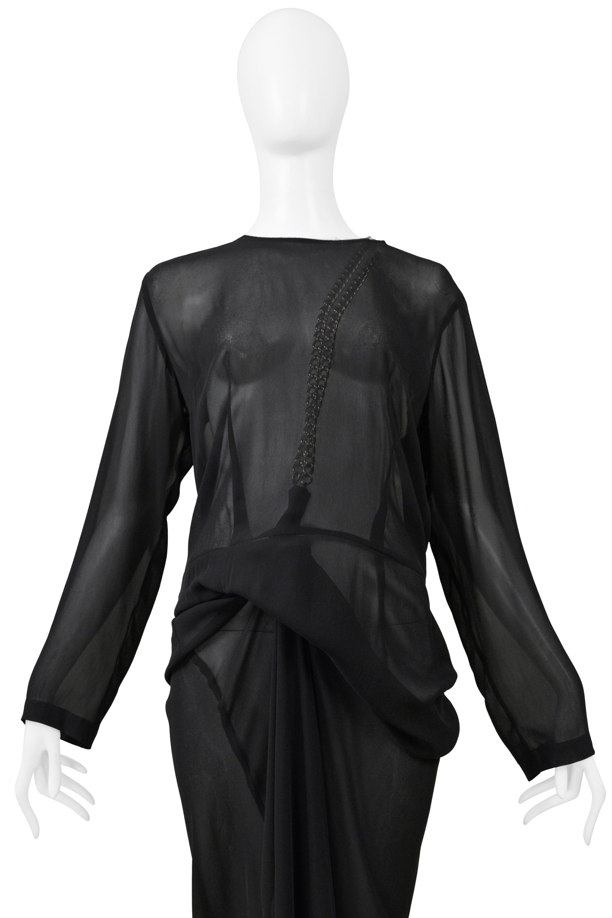 COMME DES GARCONS BLACK SHEER DRESS WITH DRAPING & INTERIOR SILVER CHAINS AW 2000