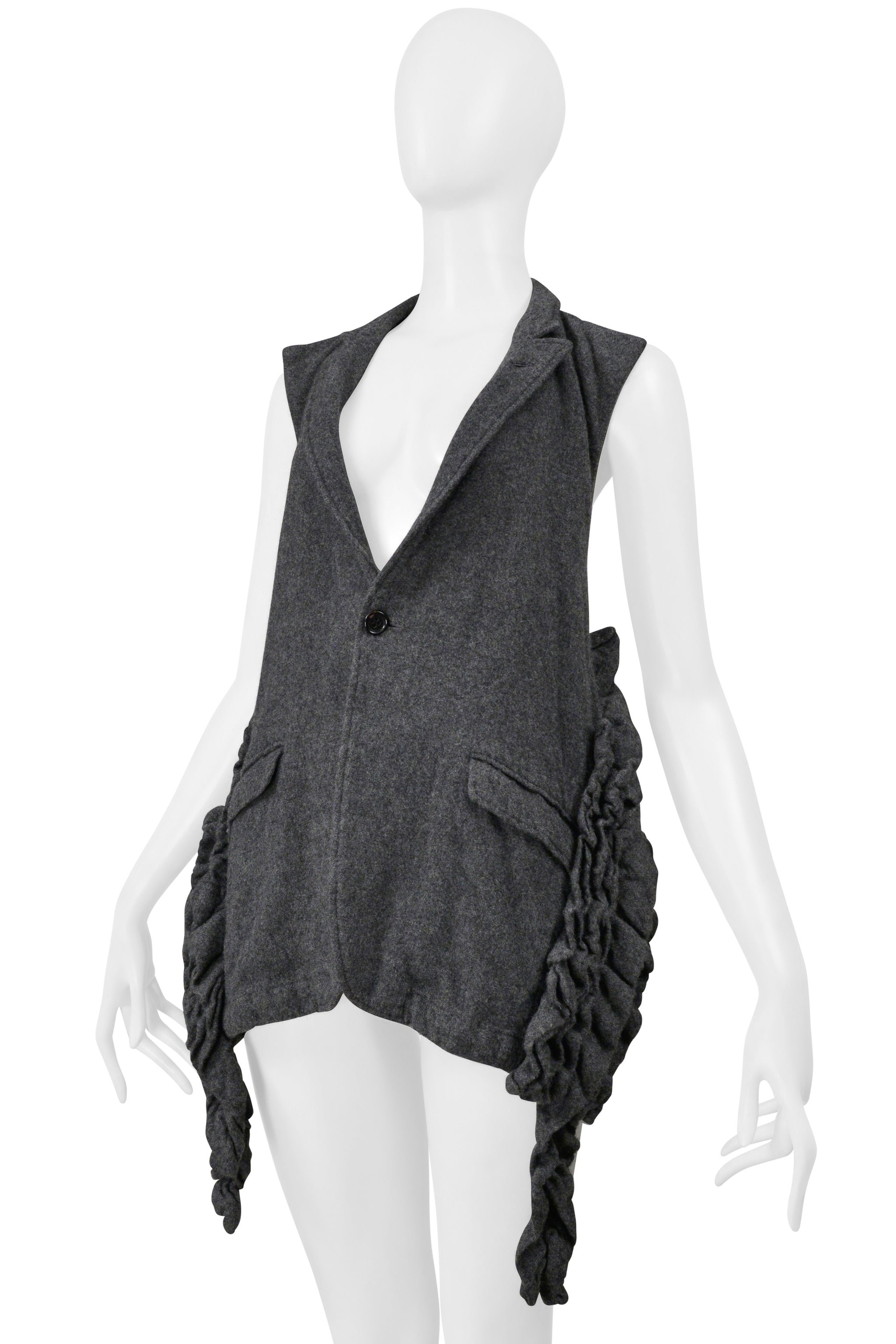 COMME DES GARCONS GREY WOOL VEST WITH RUFFLES AND OPEN BACK AND LEATHER STRAP 2000-2001