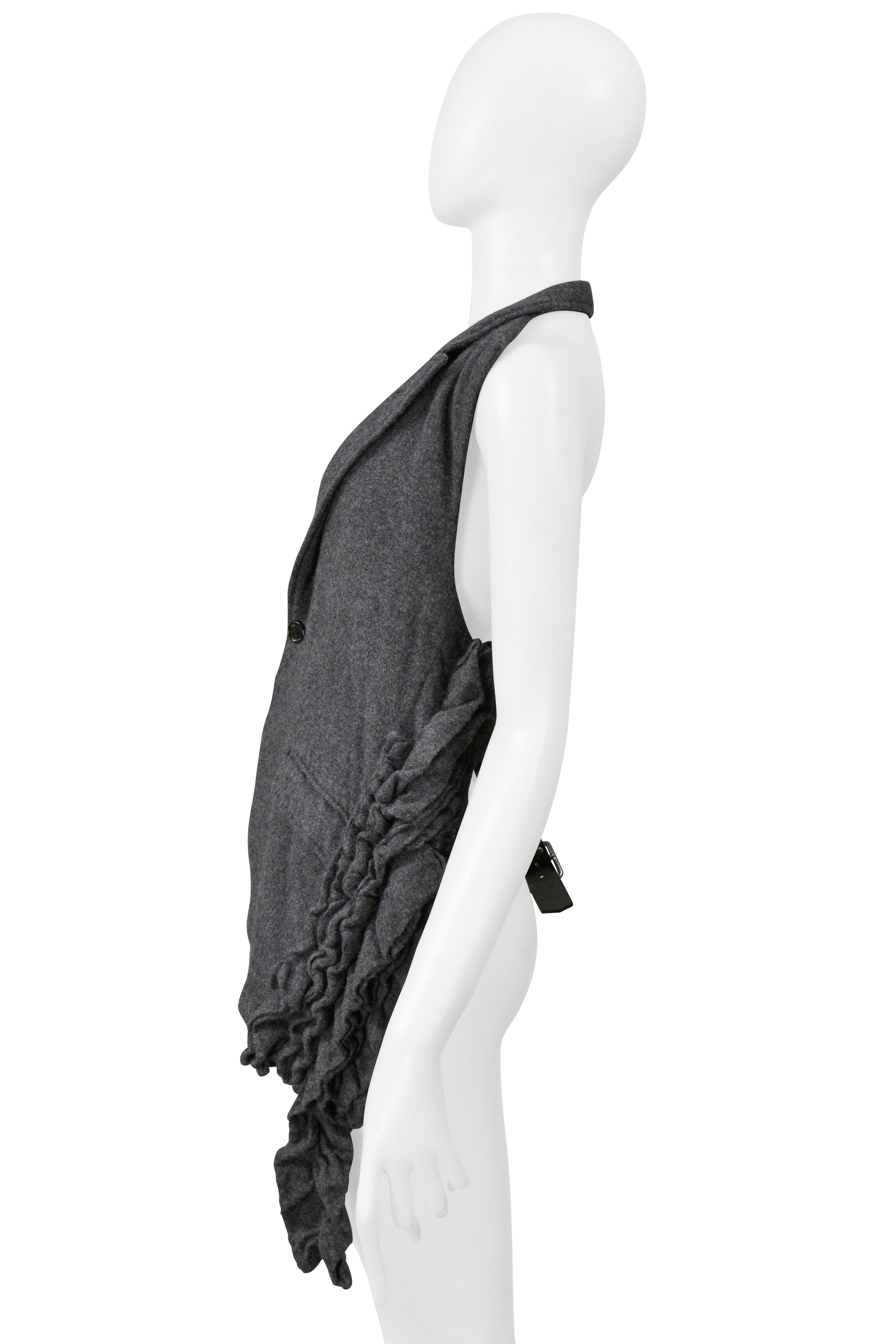 COMME DES GARCONS GREY WOOL VEST WITH RUFFLES AND OPEN BACK AND LEATHER STRAP 2000-2001