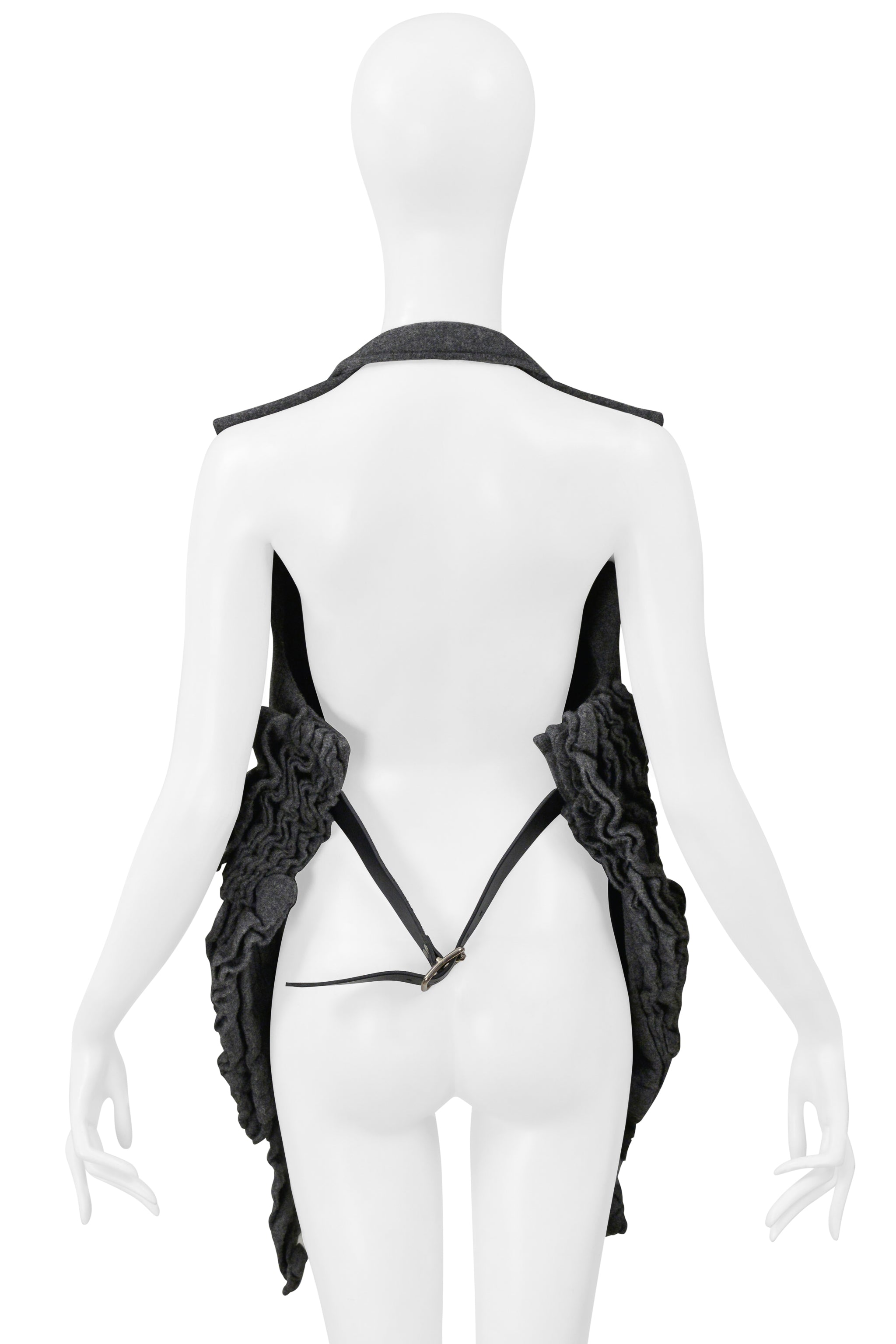 COMME DES GARCONS GREY WOOL VEST WITH RUFFLES AND OPEN BACK AND LEATHER STRAP 2000-2001