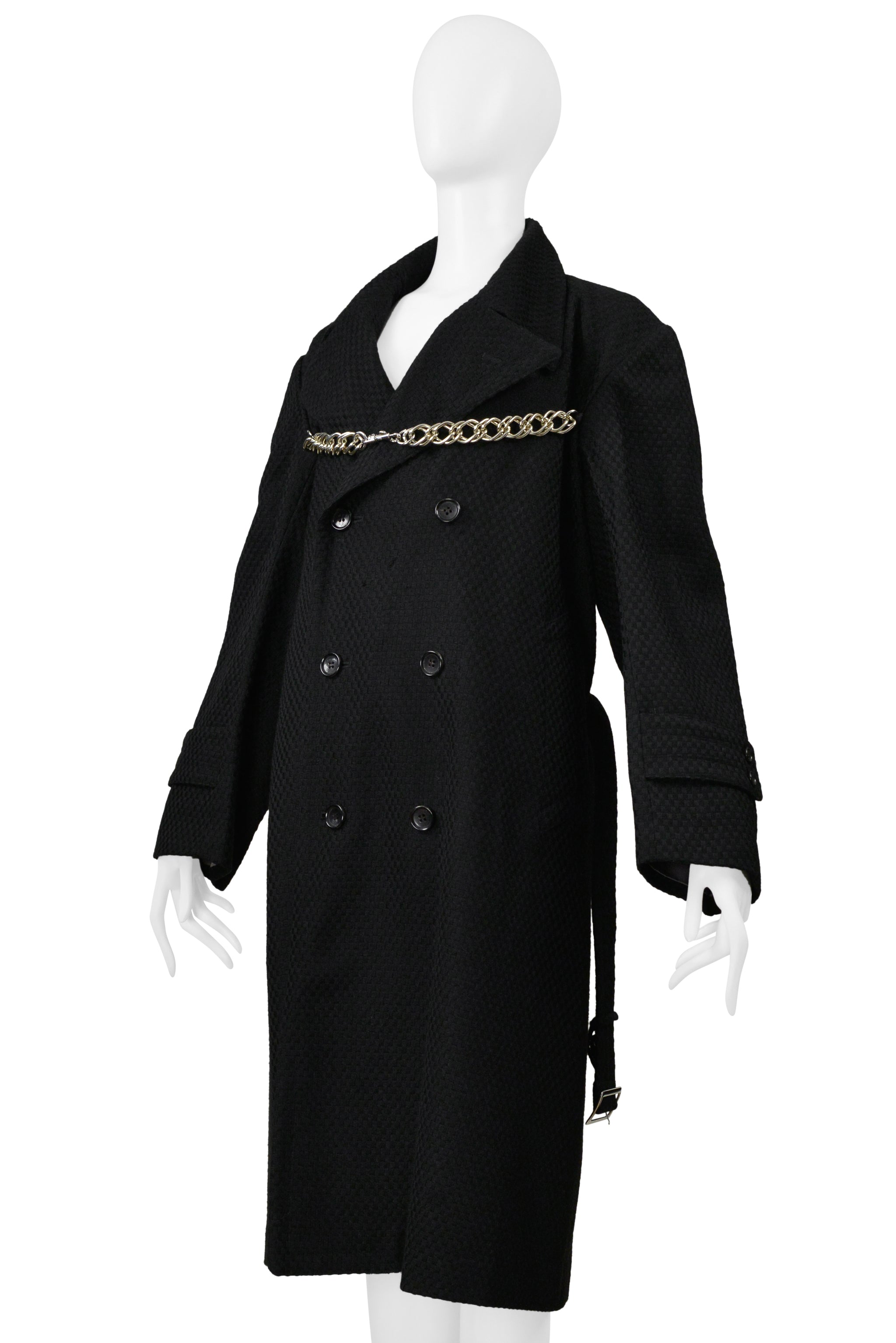 COMME DES GARCONS BLACK DOUBLE BREASTED DOUBLE COAT WITH CHAIN DETAIL 2000-2001