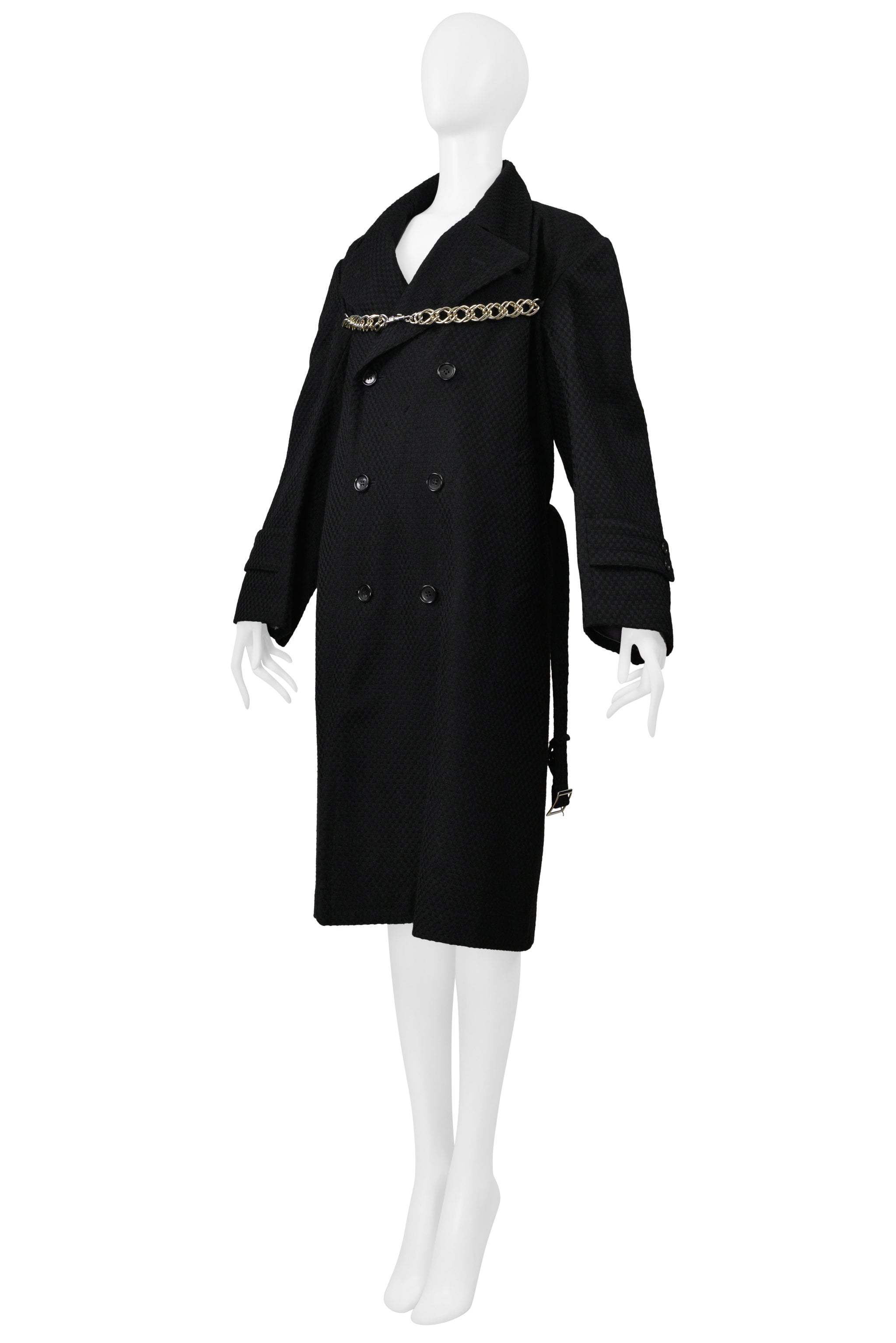 COMME DES GARCONS BLACK DOUBLE BREASTED DOUBLE COAT WITH CHAIN DETAIL 2000-2001