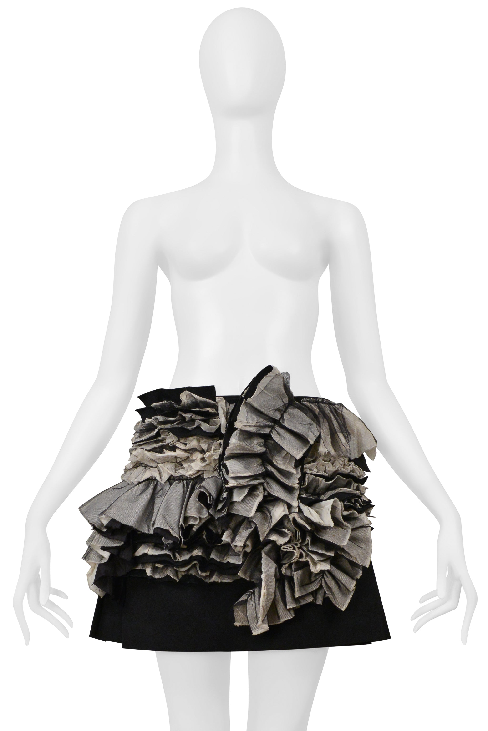 COMME DES GARCONS BLACK AND GRAY PLEATED SKIRT WITH RUFFLES AND LEATHER BUCKLES 2000