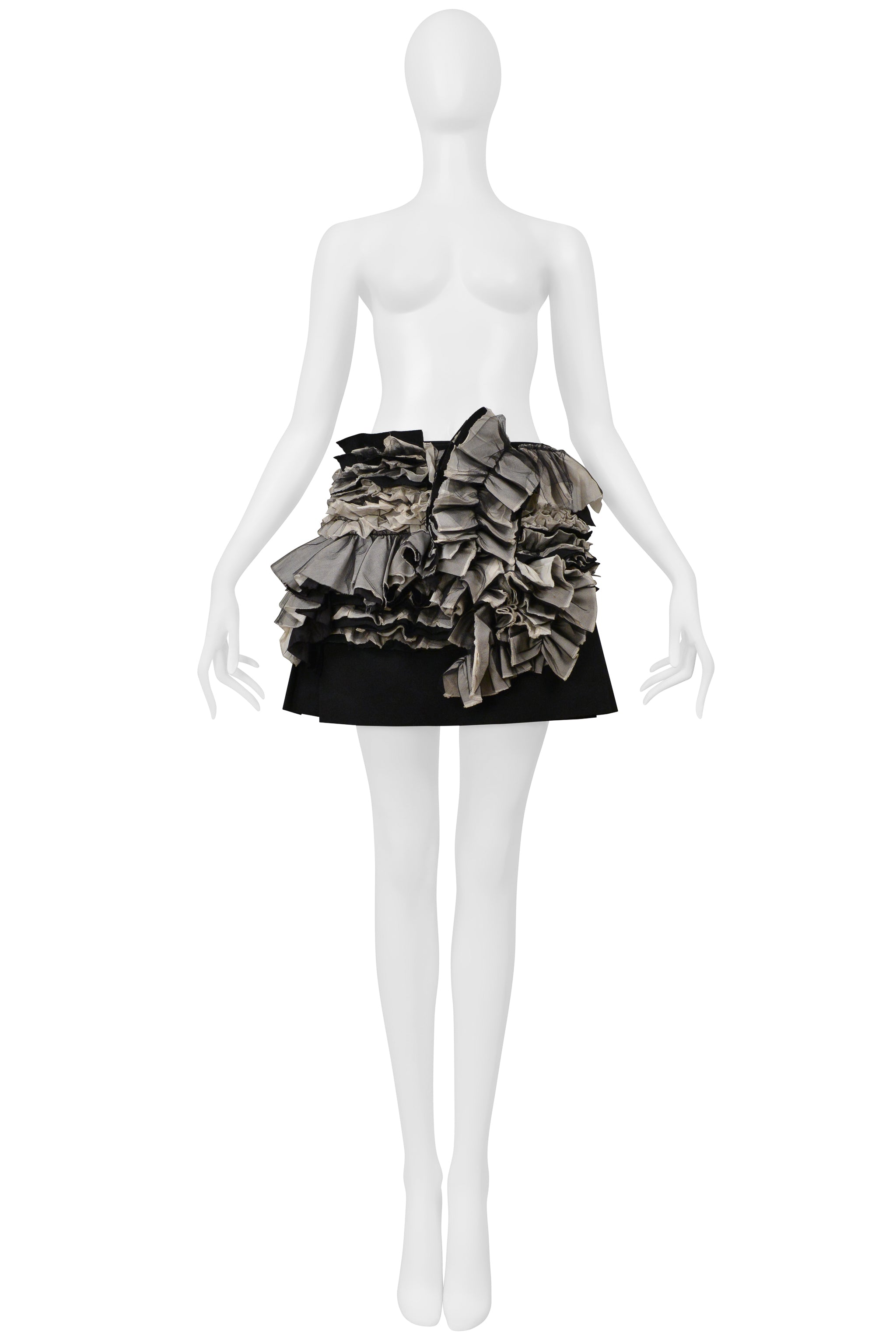 COMME DES GARCONS BLACK AND GRAY PLEATED SKIRT WITH RUFFLES AND LEATHER BUCKLES 2000