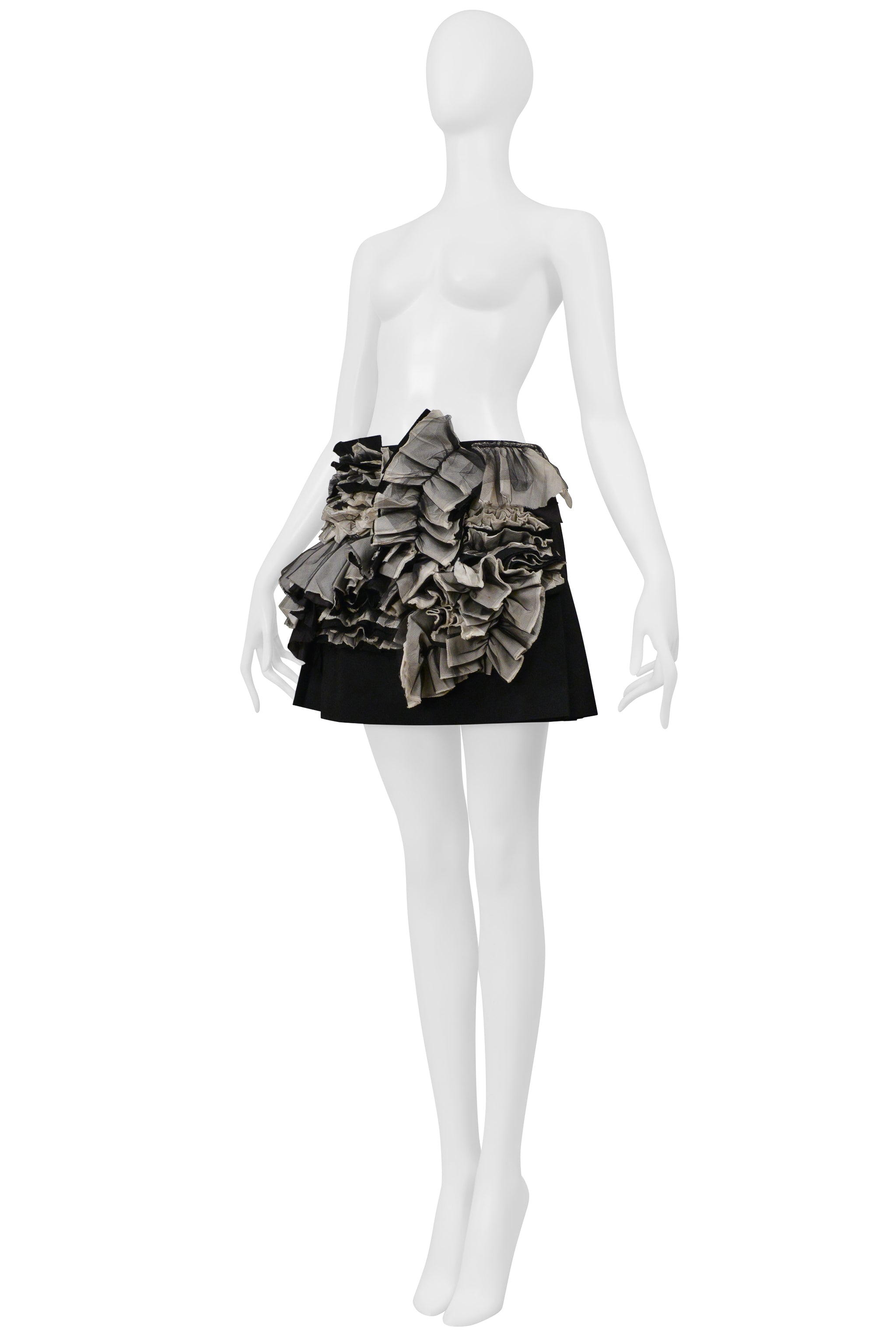 COMME DES GARCONS BLACK AND GRAY PLEATED SKIRT WITH RUFFLES AND LEATHER BUCKLES 2000