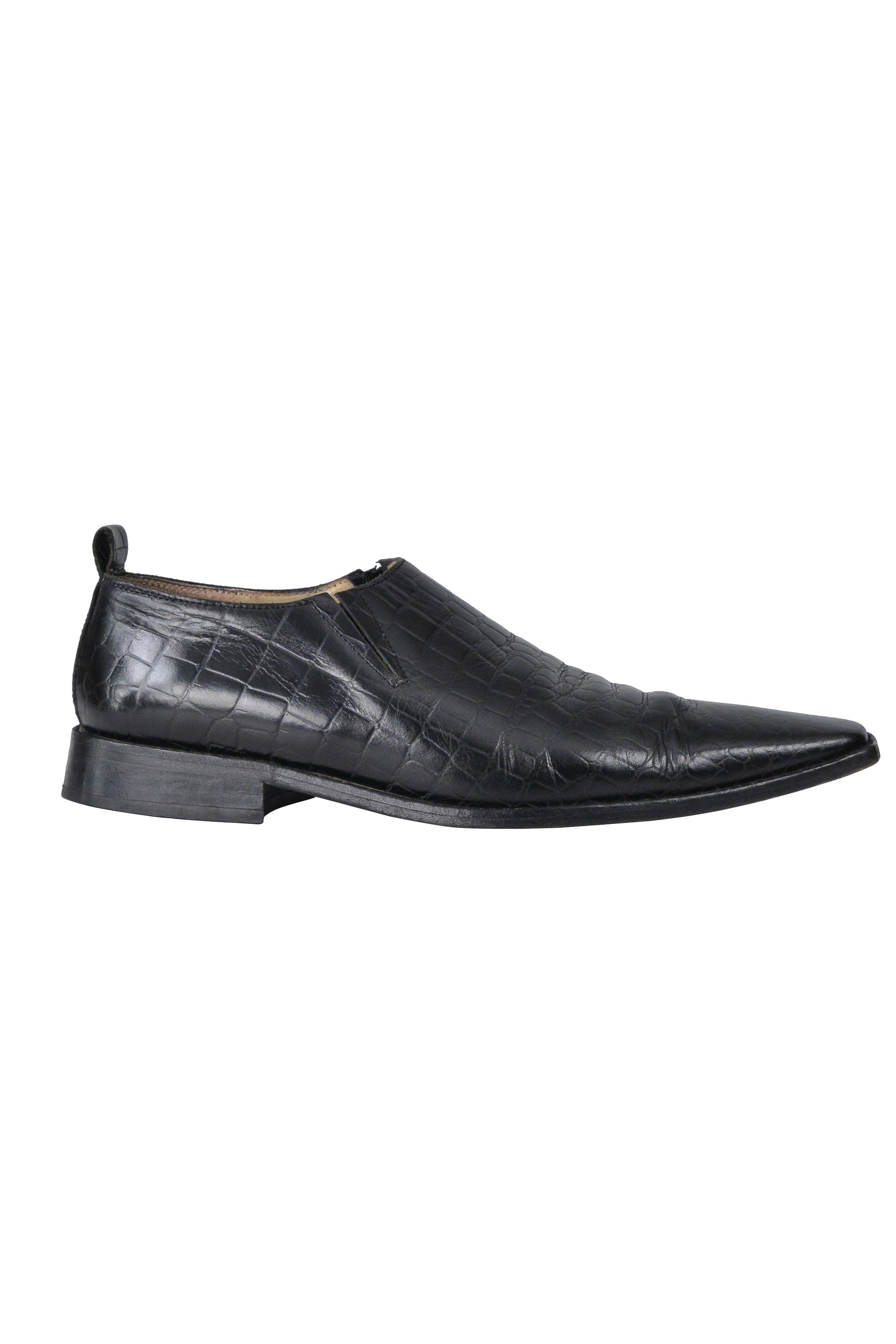 COMME DES GARCONS BLACK LEATHER CROC PRINT SLIP ON SHOES 2001
