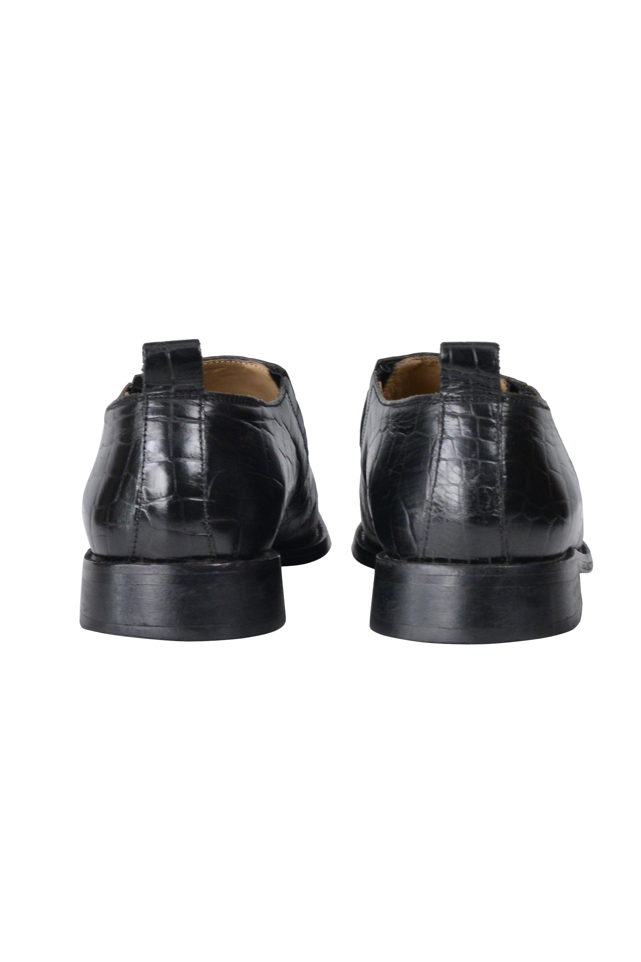 COMME DES GARCONS BLACK LEATHER CROC PRINT SLIP ON SHOES 2001