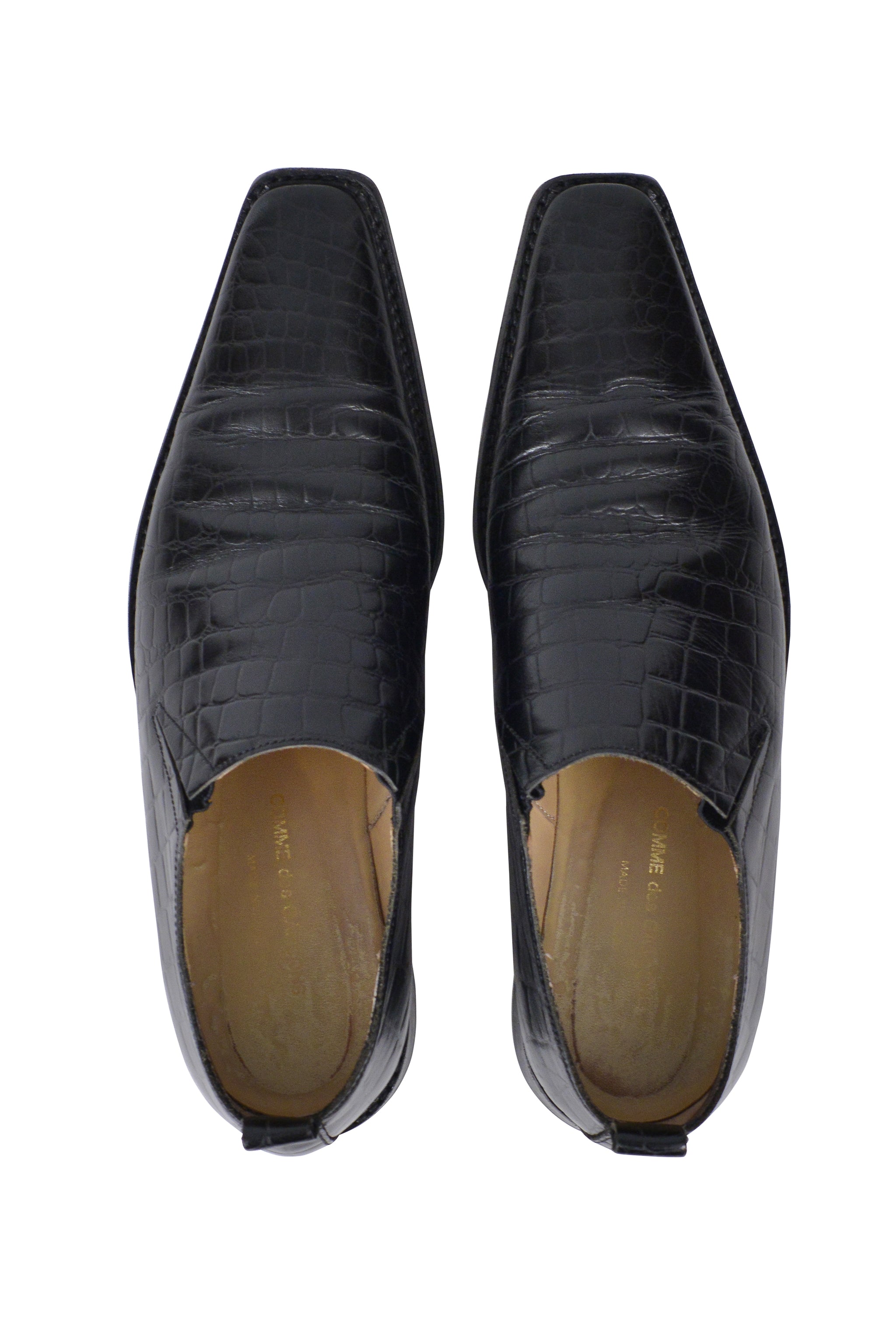 COMME DES GARCONS BLACK LEATHER CROC PRINT SLIP ON SHOES 2001