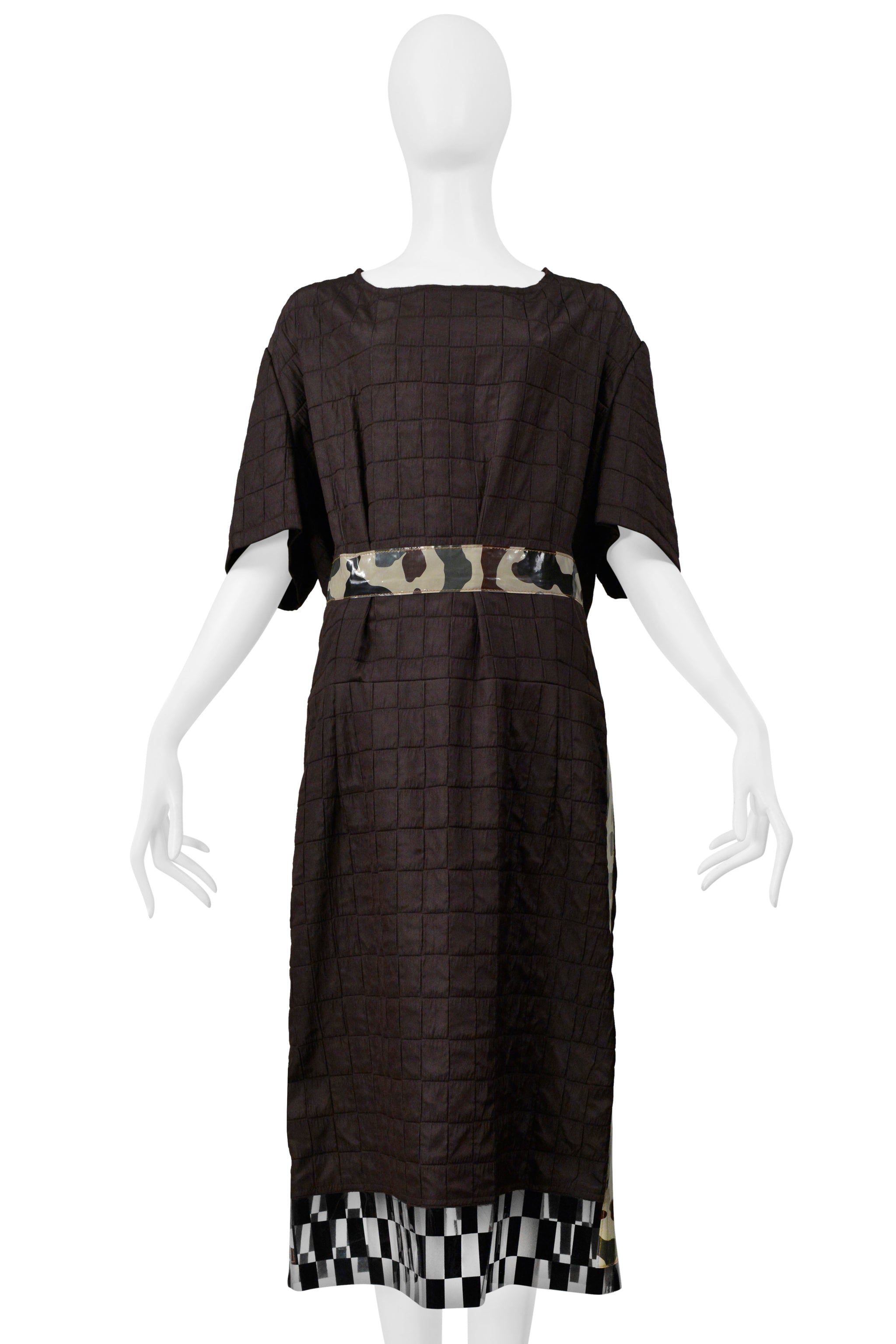 COMME DES GARCONS BROWN DAY DRESS WITH CAMO TRIM & VINYL CHECKERBOARD TRIM 2001
