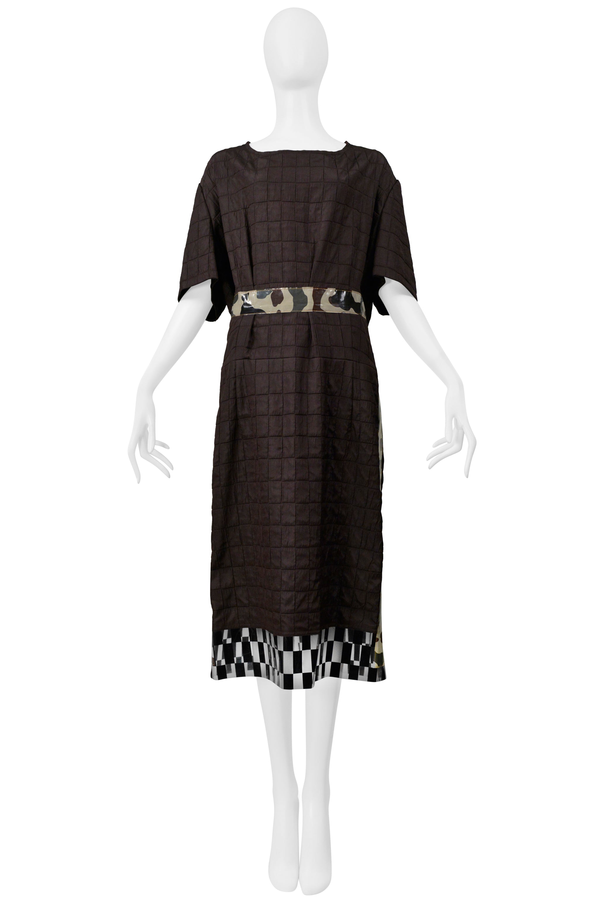 COMME DES GARCONS BROWN DAY DRESS WITH CAMO TRIM & VINYL CHECKERBOARD TRIM 2001